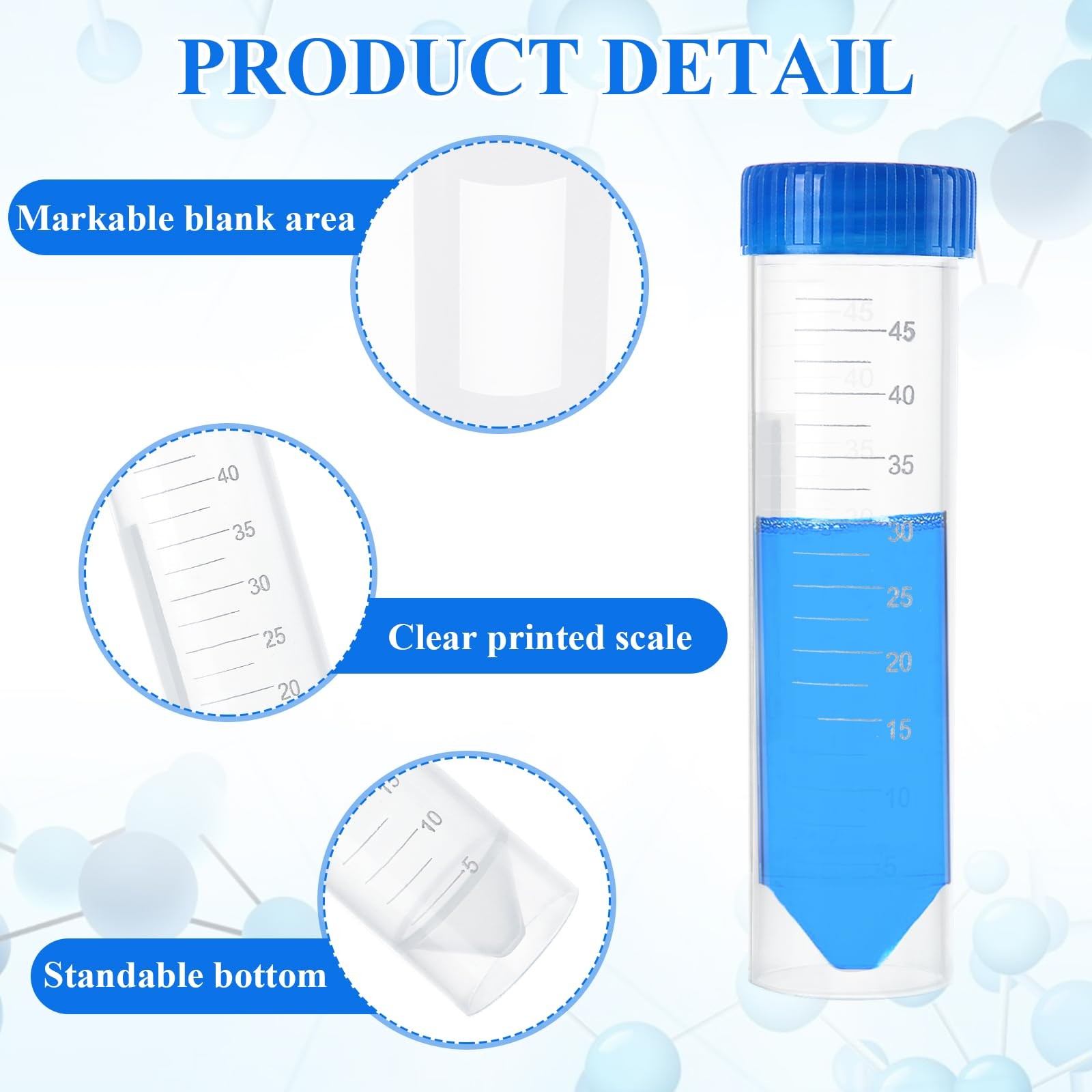 50 Pcs 50 ML Centrifuge Tubes ABuff Plastic Test Tubes with Blue Screw Caps C…