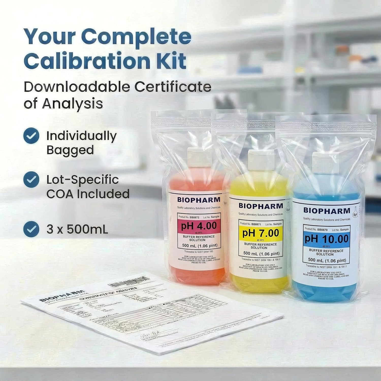 pH Buffer Calibration Solution Kit 4-Pack — 250 mL 8.4 fl oz Each: pH 4.00 Bu…