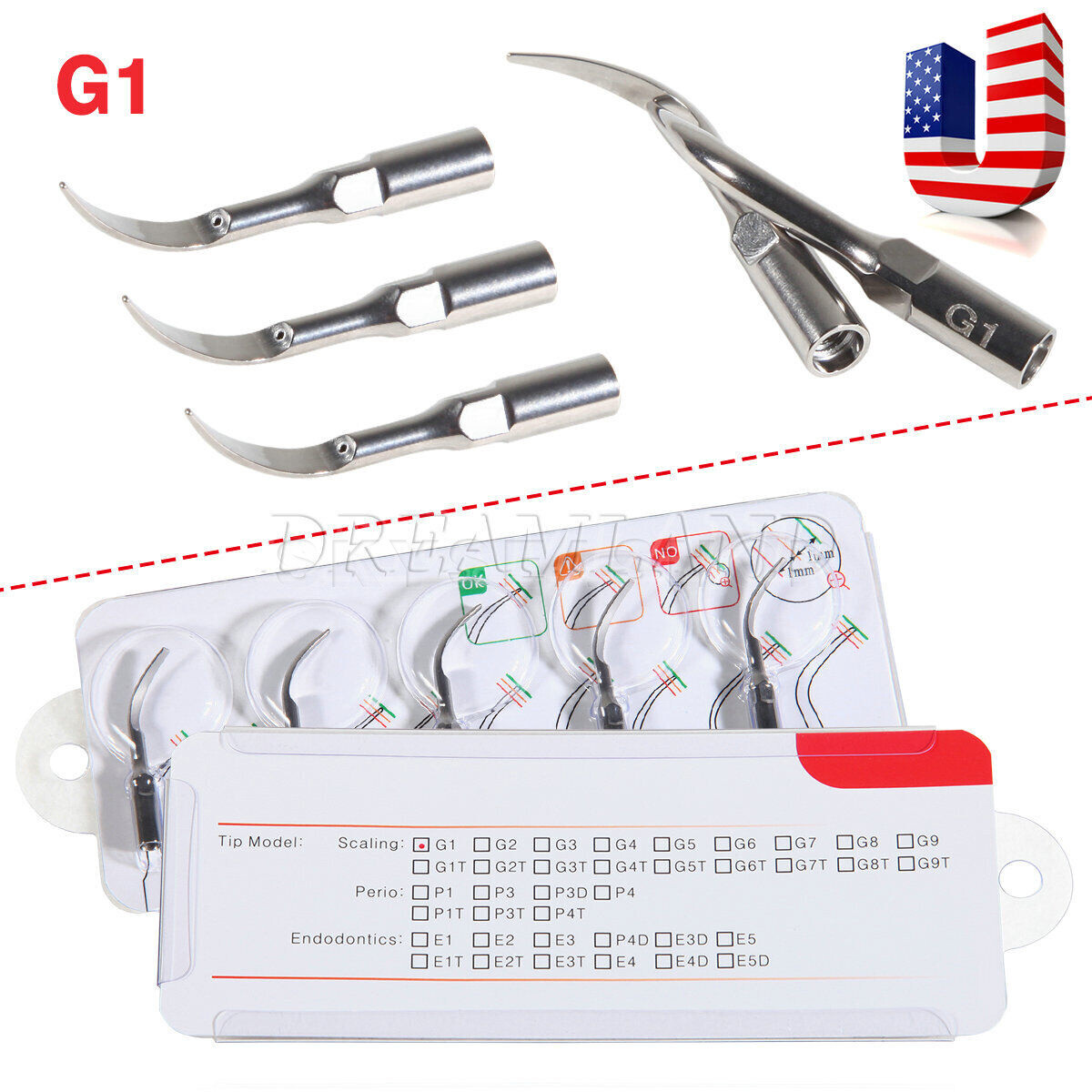 5 Dental Ultrasonic Perio Scaler Tips G1 For EMS Scaler Woodpecker Handpiece USA