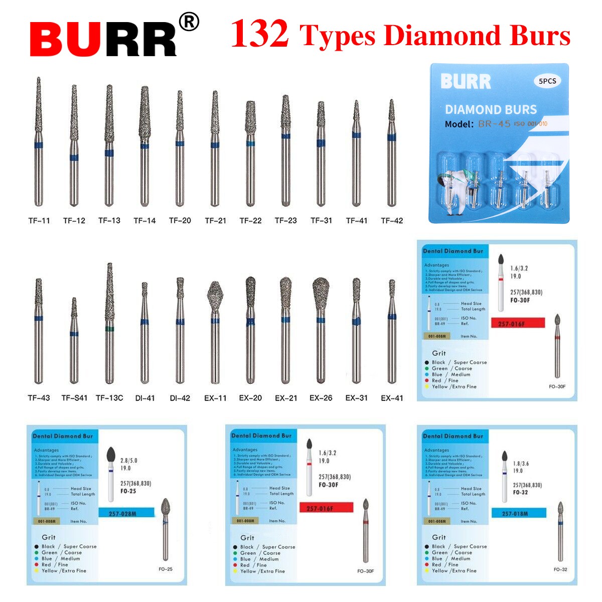 100 Types Dental FG Diamond Burs For High Speed Handpiece Friction Grip