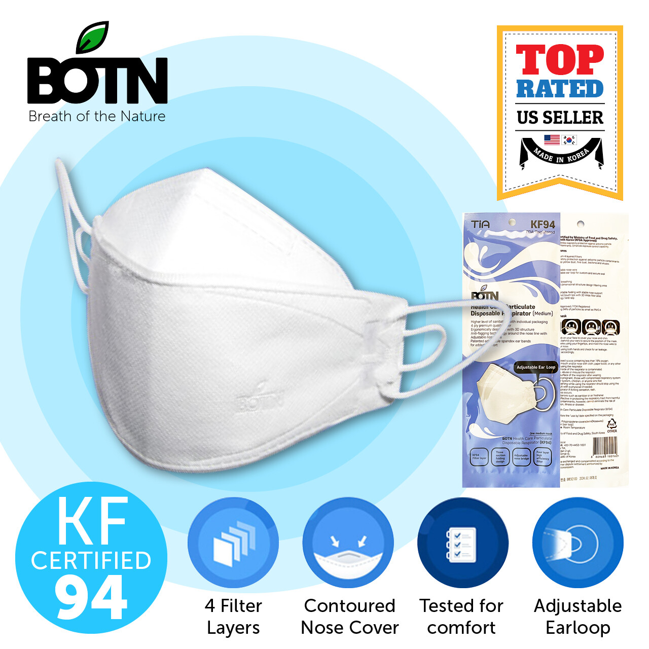 2 Pack KF94 WHITE L Adult Size Protective Face Mask Made in Korea KFDA Approved