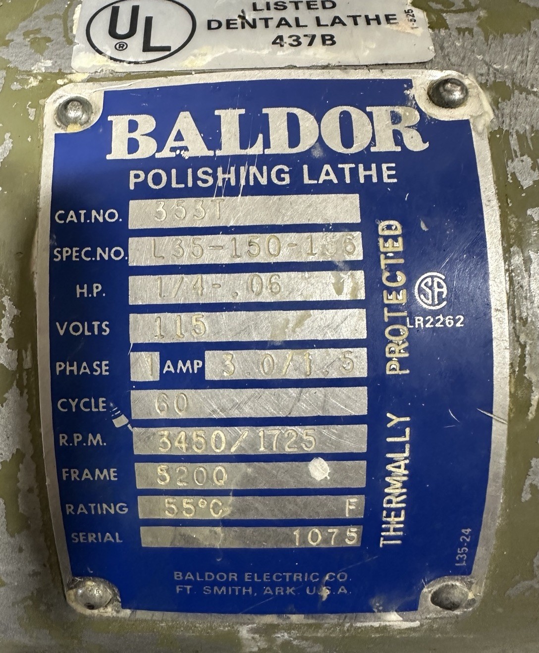 Baldor Polishing Lathe 353T Dental Laboratory Dual Speed 115V 1/4 HP