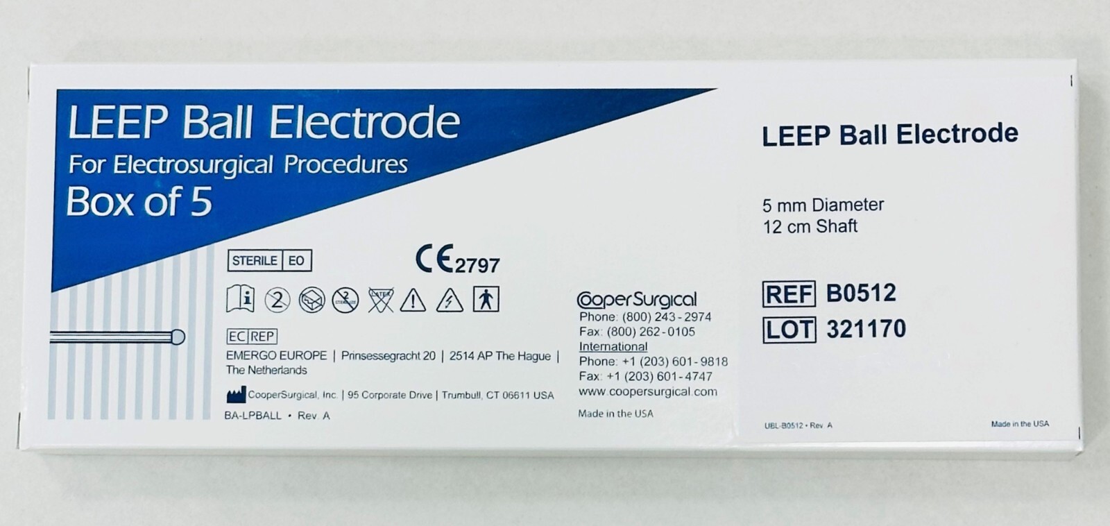 *5-Pieces* Cooper Surgical LEEP Ball Electrode 5mm Diameter 12cm Shaft B0512