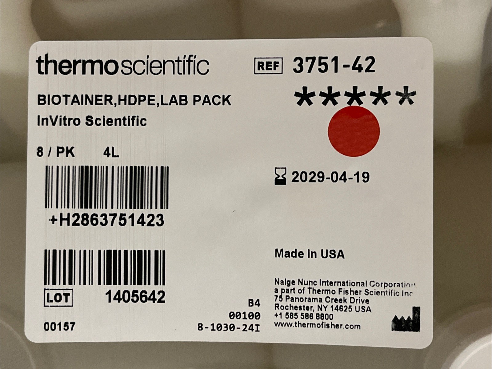 Thermo Scientific Biotainer HDPE Lab Pack 24/CS 4L 3751-42 Sealed