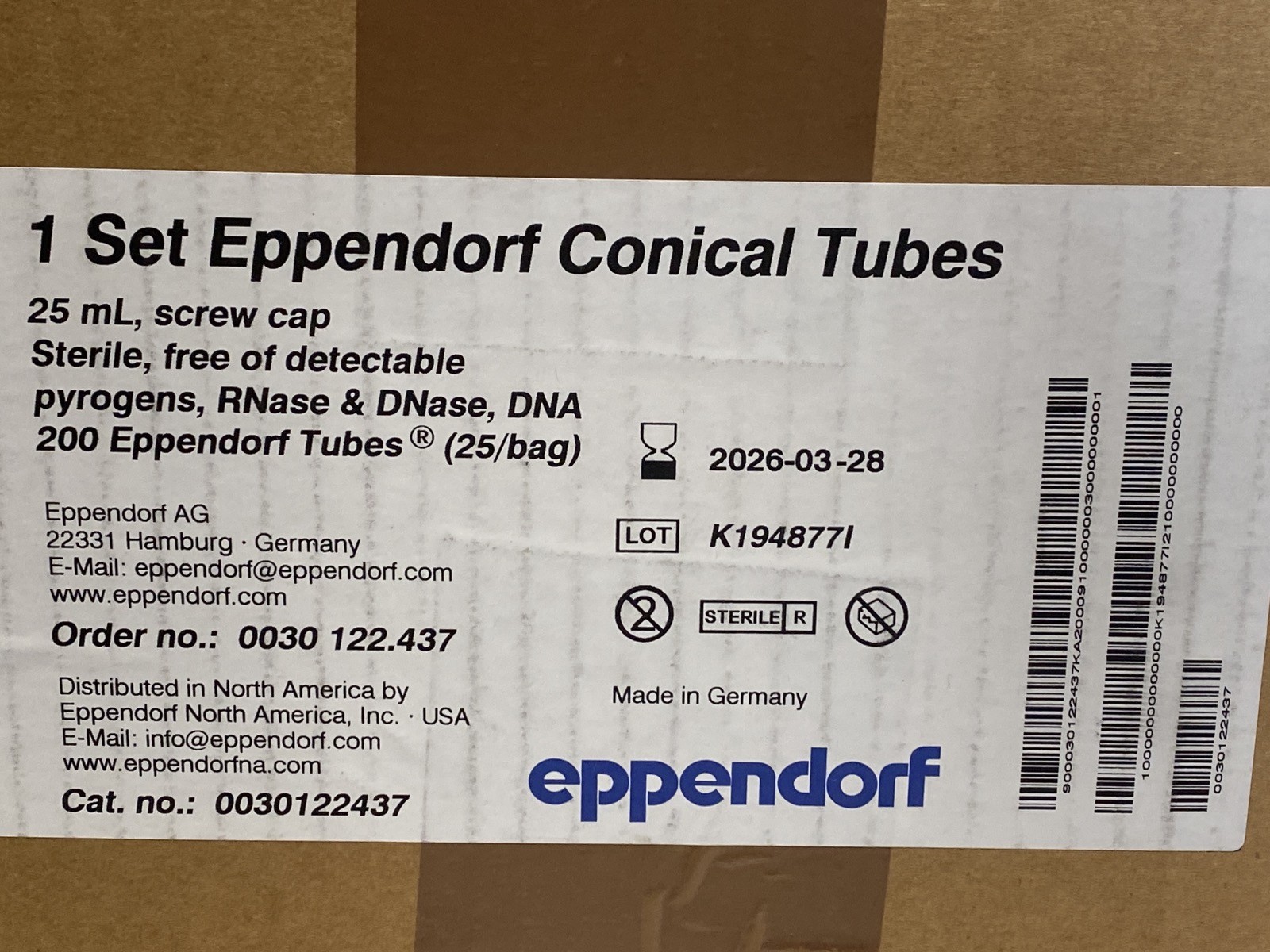 (200/Cs) EPPENDORF 25mL Polypropylene Conical Centrifuge Tubes 0030122437
