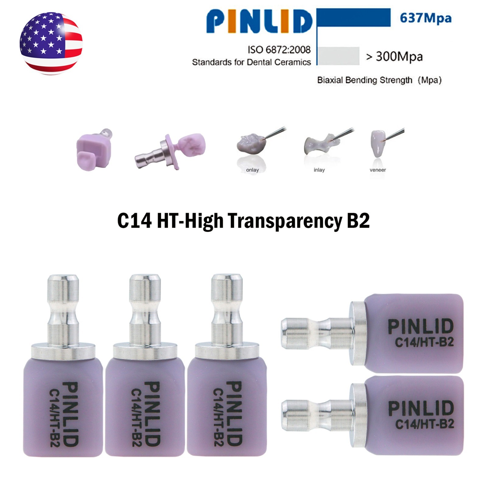 US C14 Glass Ceramic Blocks HT Lithium Disilicate CAD/CAM Cerec Blocks 5Pcs/Box