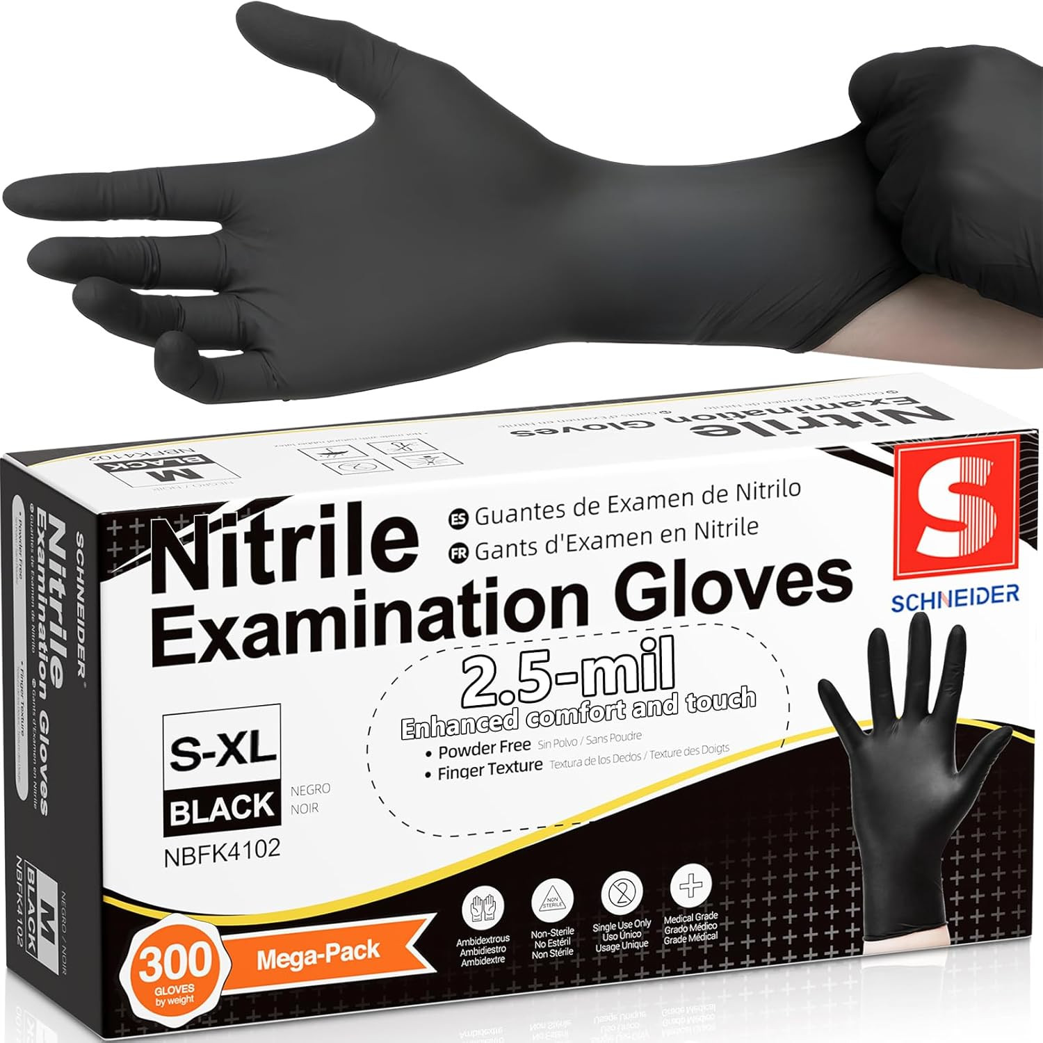 Schneider Black Nitrile Gloves, Powder Free, Disposable Gloves Latex Free for Me