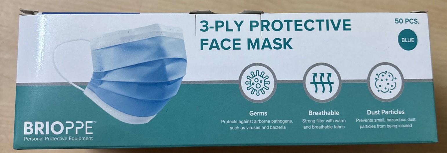 1000 Pack 3 Ply Layer Protective Face Mask Blue Brioppe Open Box—Mask are Sealed