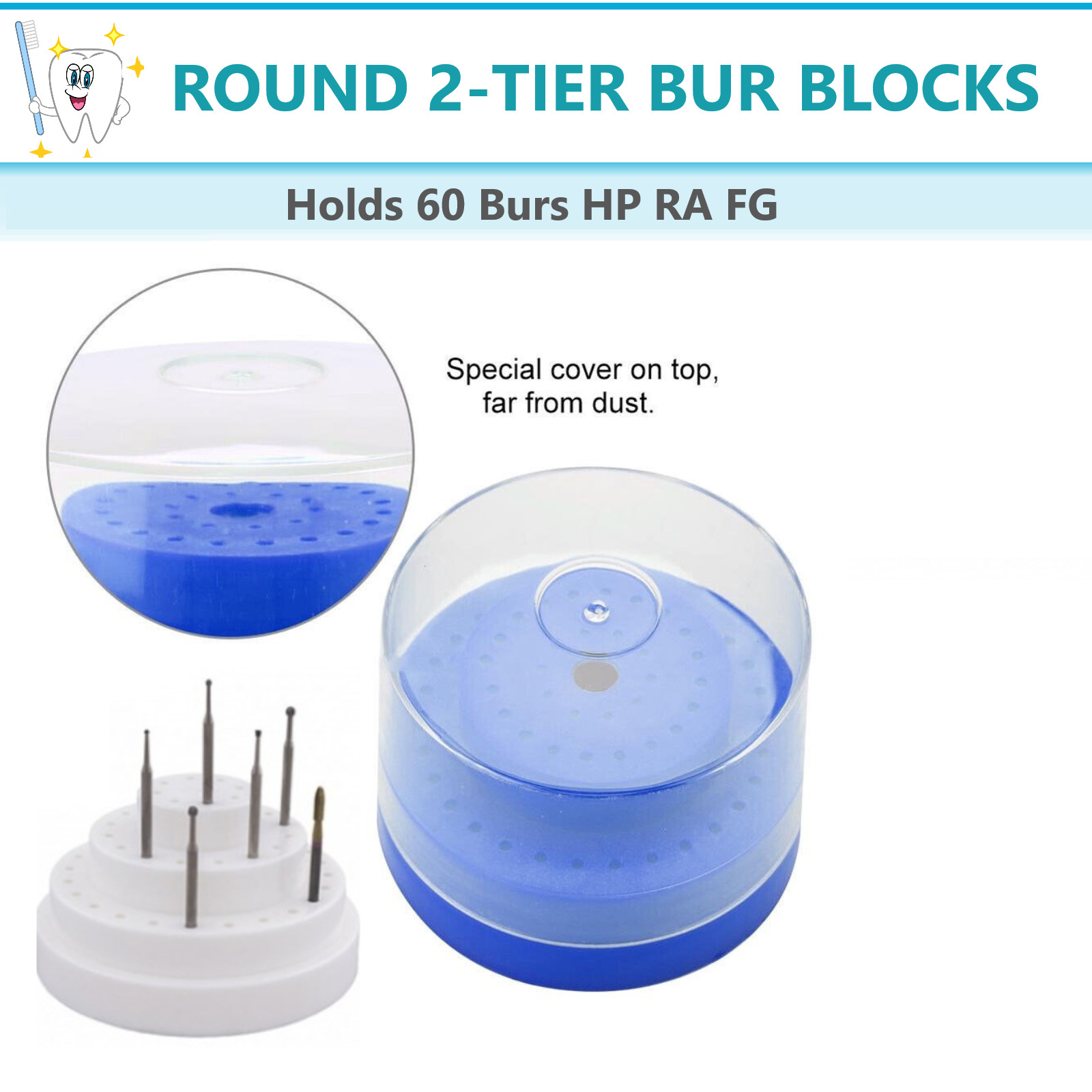 Dental Round Bur Block Holder Station with Lid – Plastic Fits 60 Burs HP RA FG