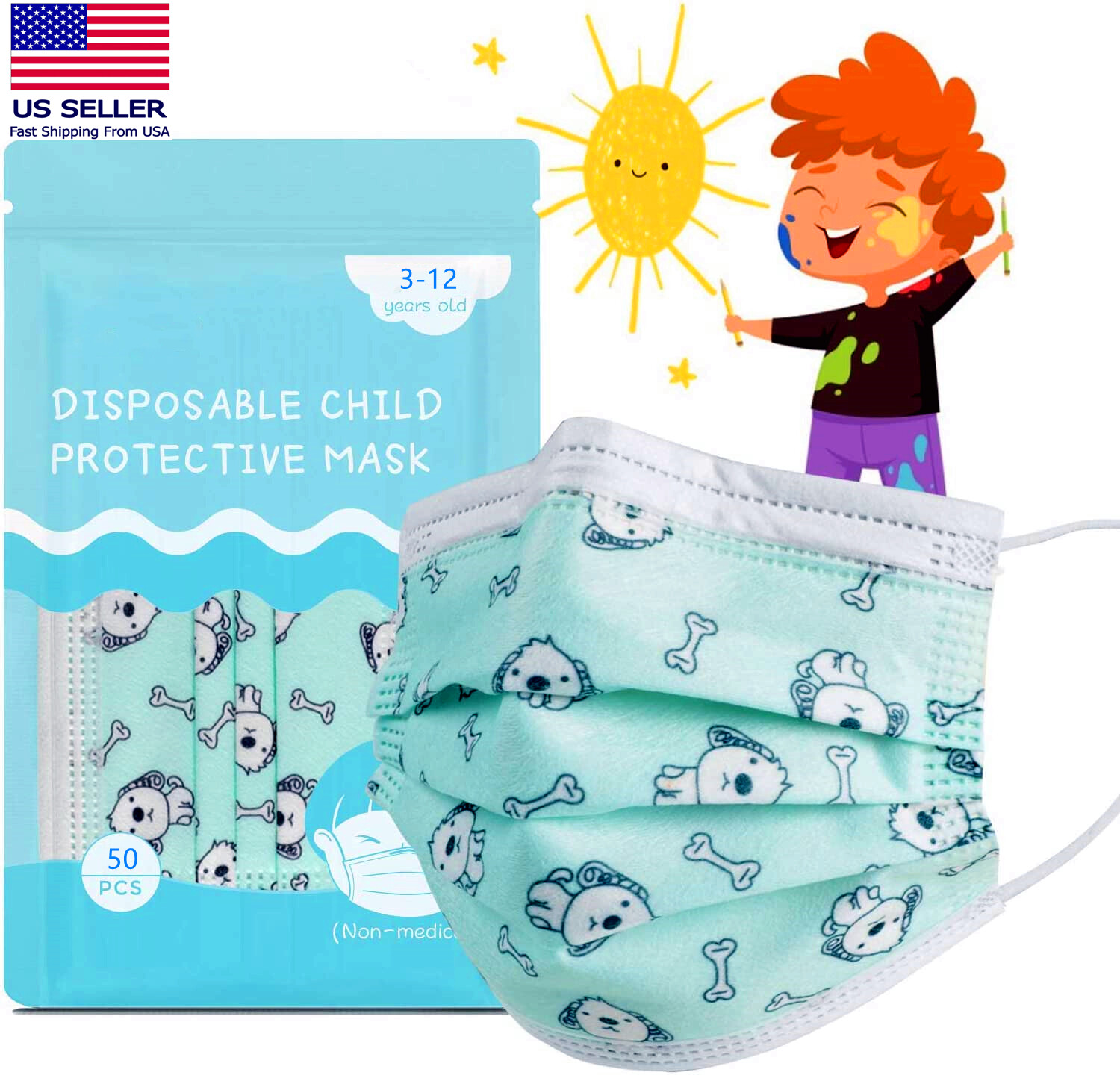 50 Pcs Face Mask for Kids Girls Boys Cartoon Blue Disposable face Masks Cover