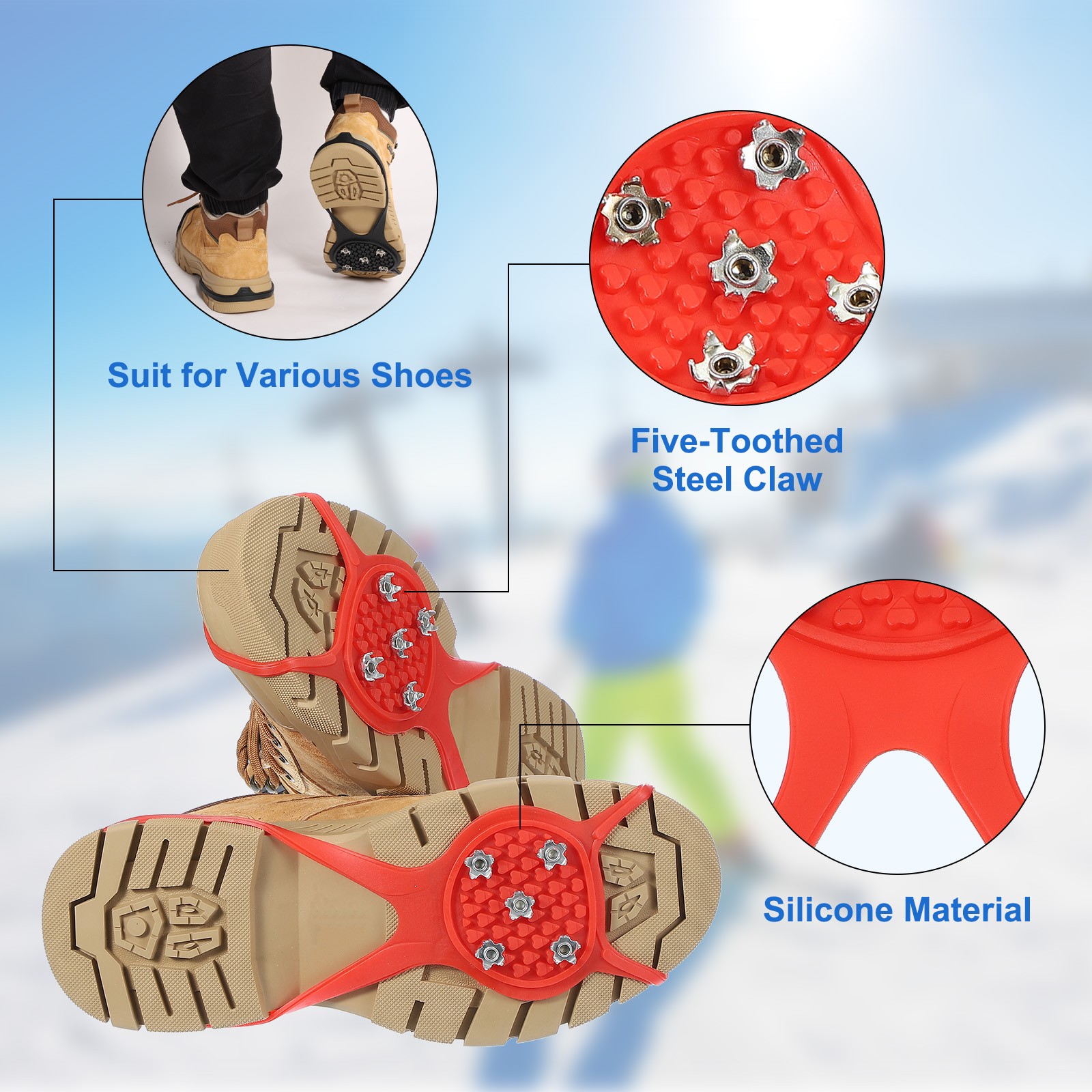3 Pcs Non-Slip Spikes, 5 Tooth Steel Nails Ice Cleats, Red Size-M