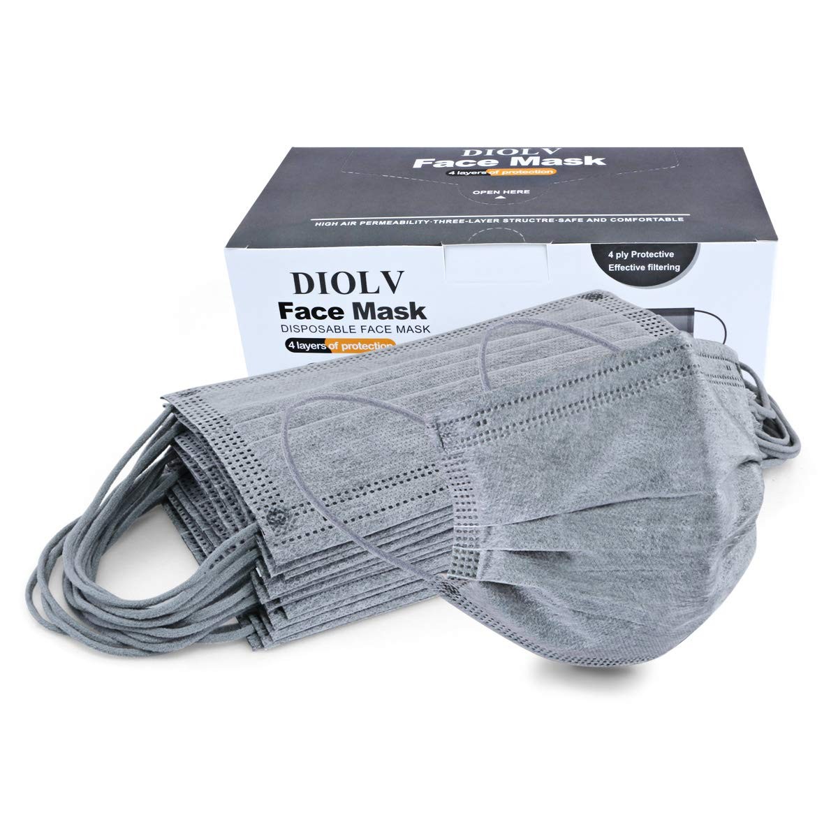 50 Pcs Disposable Face Mask 4-Layer Breathable Masks Dark Gray with White Ear…