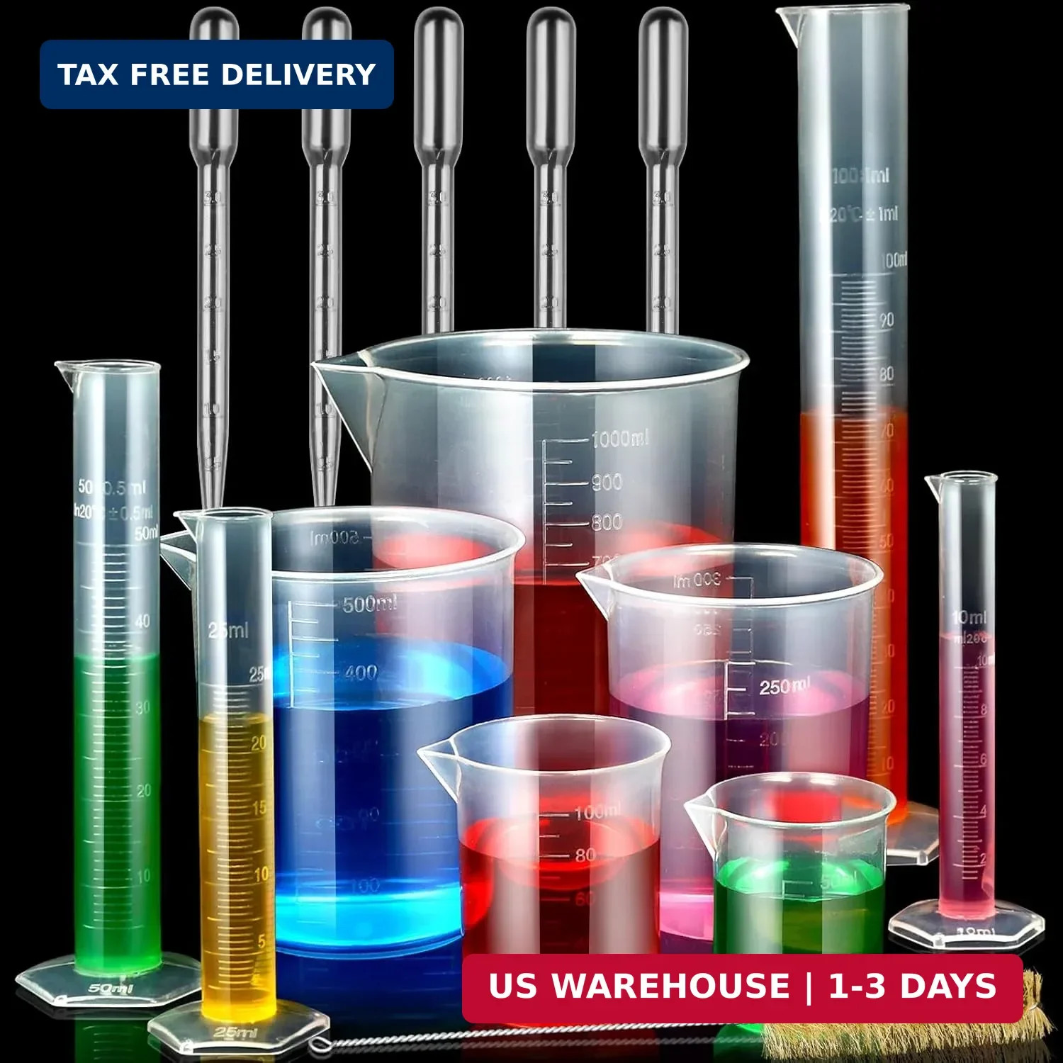 moveland Plastic Graduated Cylinders and Beakers with 5 Pipettes, 10ml 25ml 50ml