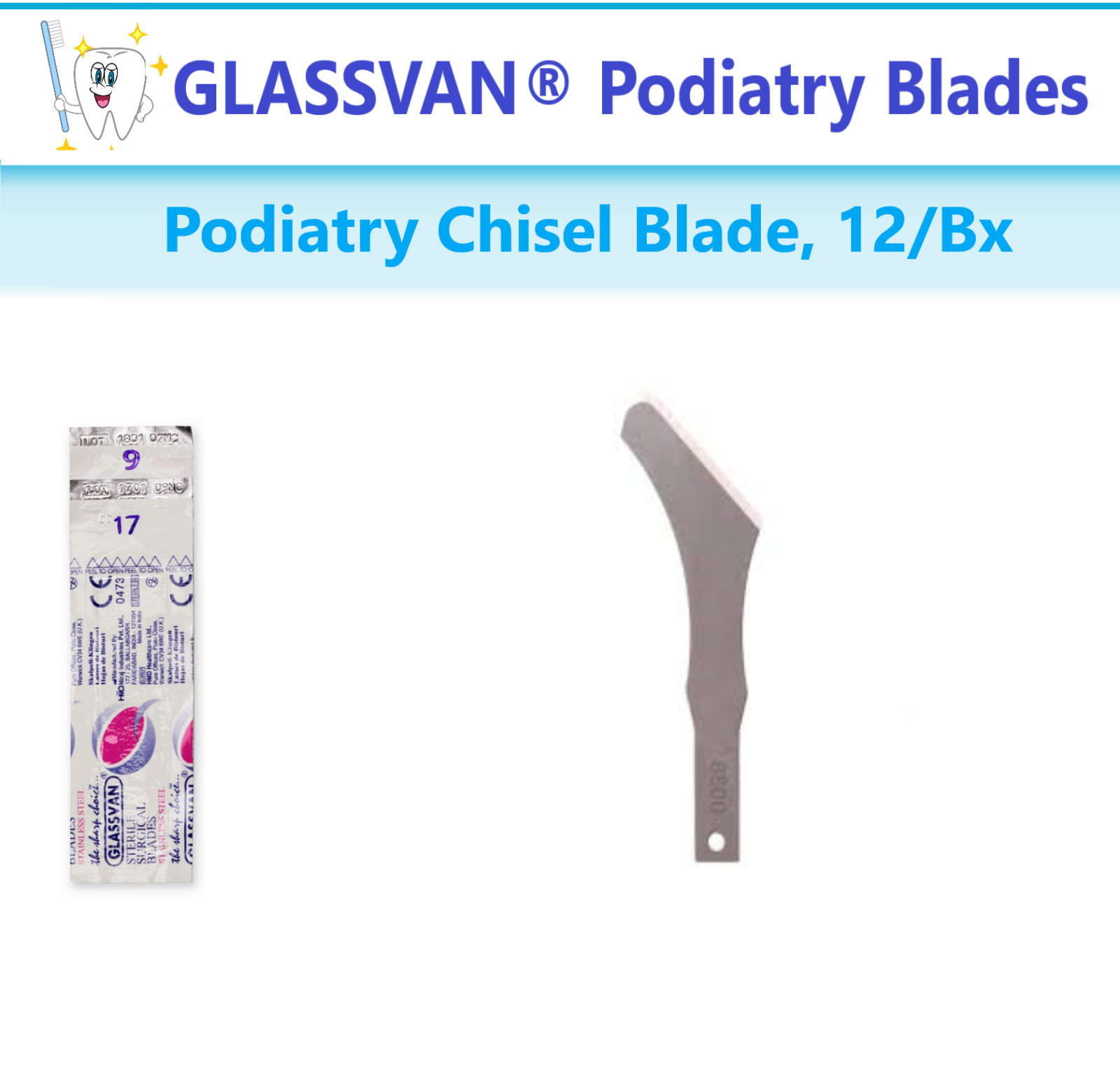 GLASSVAN® Podiatry Blades #9, #81, #88, #313, #314 Podiatry Chisel Blade, 12/Bx