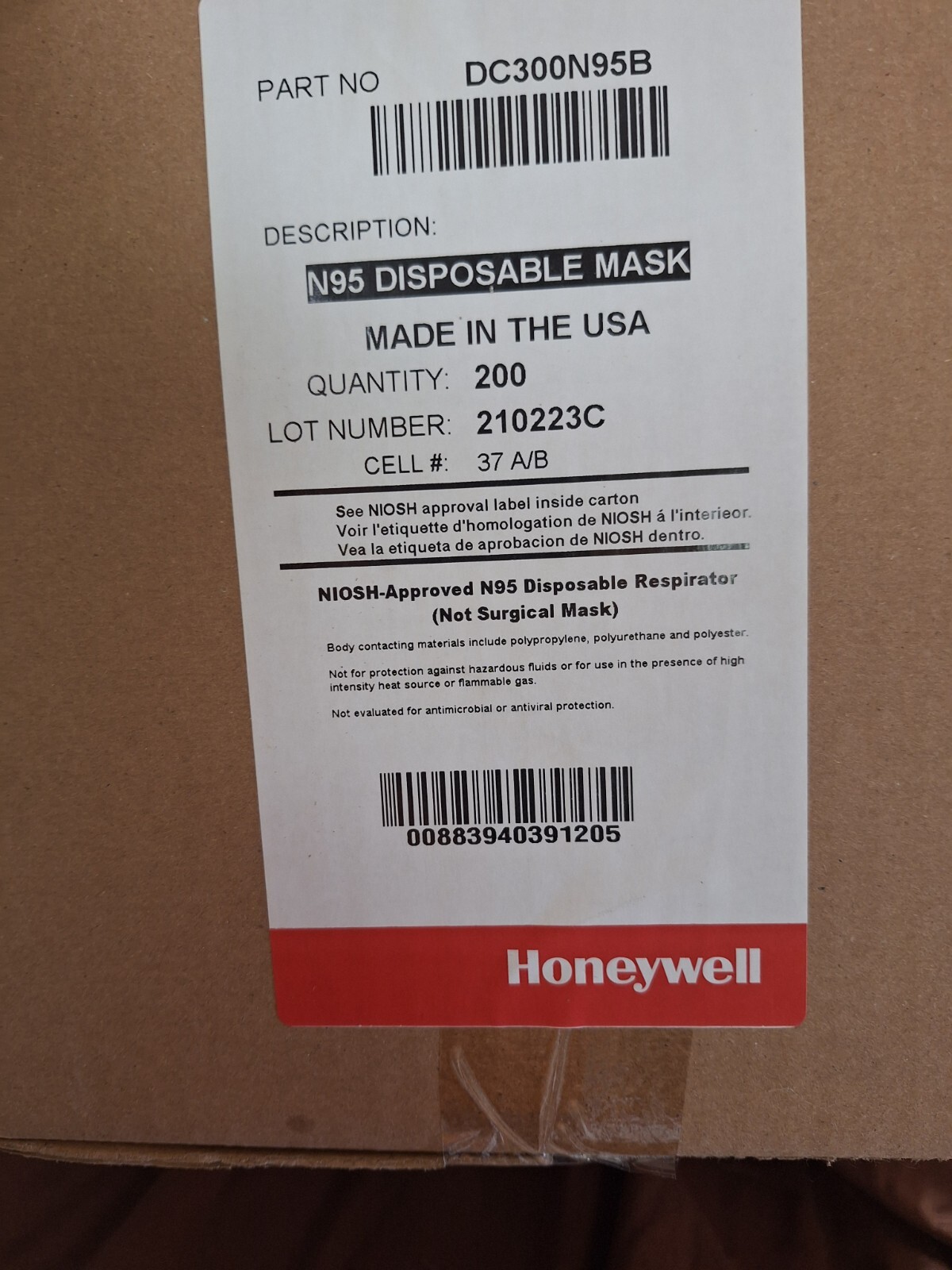 20pcs 20 Pack Honeywell N95 DC300N95 Respirator Particulate Masks NIOSH