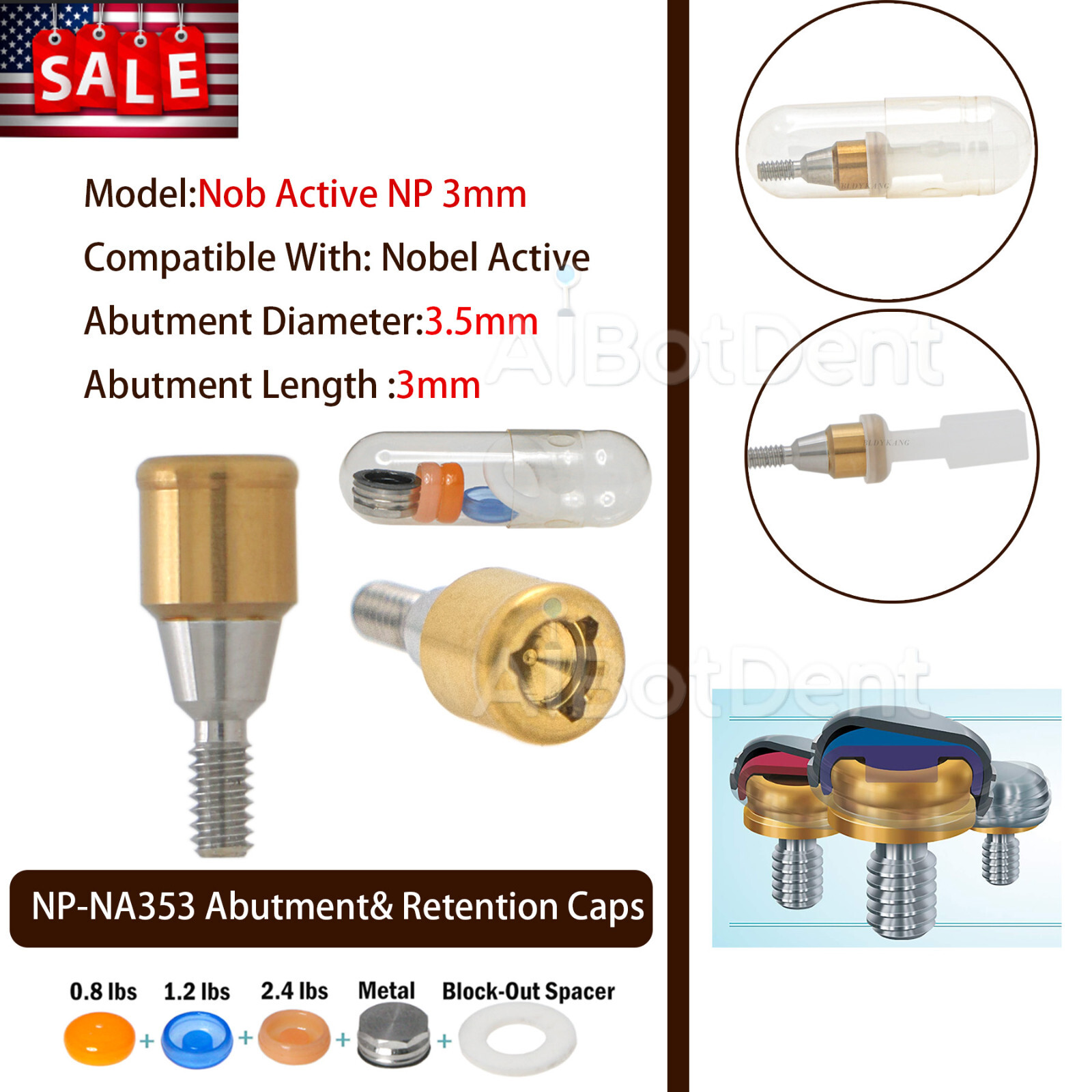 Nobel Biocare NP-NA353 Abutment Set 5 Grade Titanium, PEEK, 3mm, Retention Caps