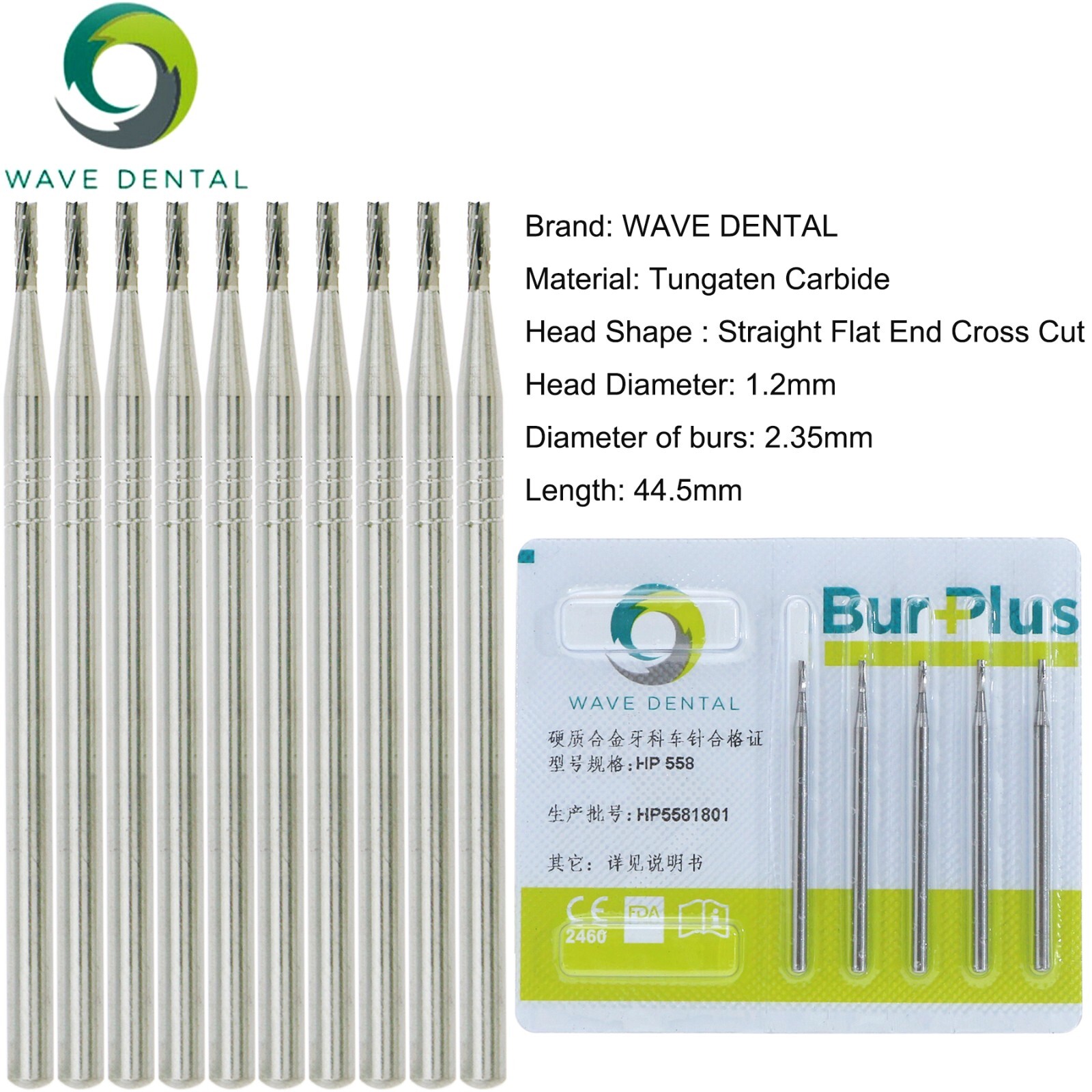 US 10 Pcs WAVE Dental Tungsten Carbide Bur Straight Fissure HP 555 – 563 Prima