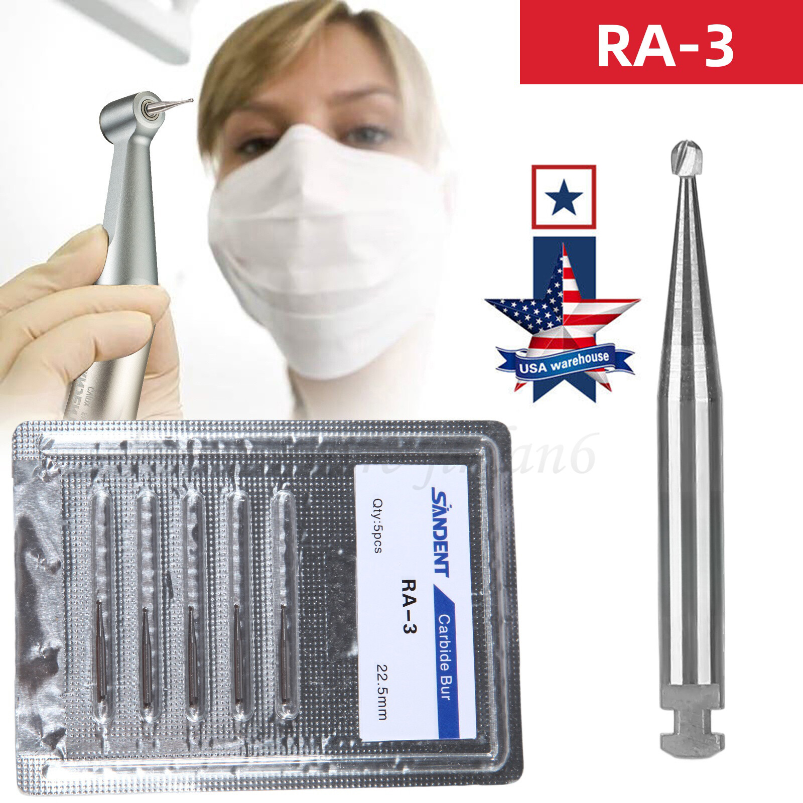 5 Pcs/Pack Dental 22.5mm Round Carbide Bur Slow Speed Latch Type RA3 Burs USA