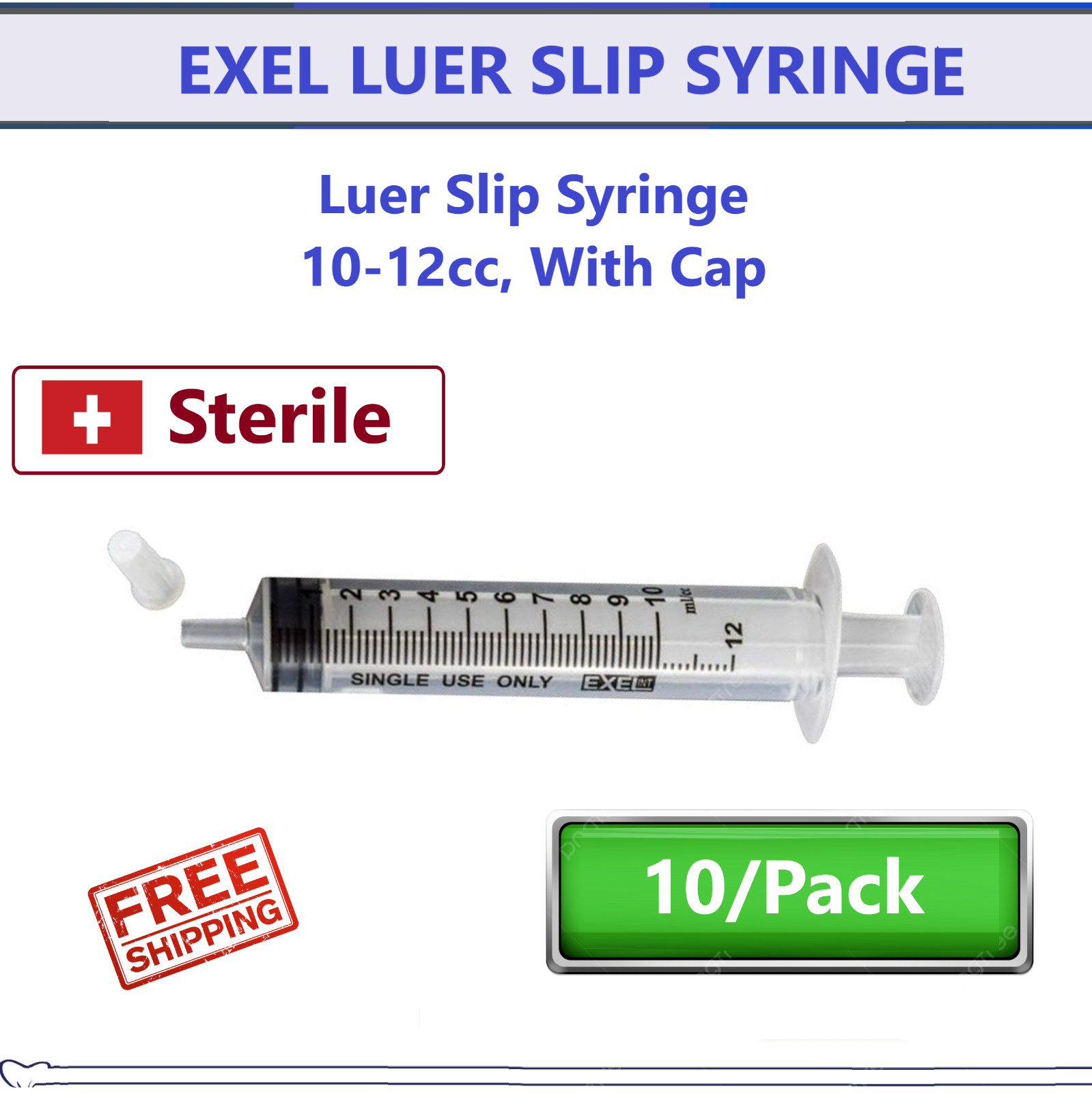 10 Pack- 10ml -10 cc (10-12) Plastic Syringewith Cap, Luer Slip, Large Syringes