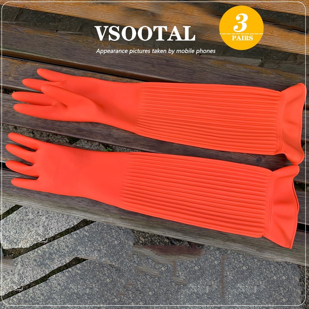 3 Pairs Extra Long Kitchen Dishwashing Gloves, 20.05in, Red, Medium