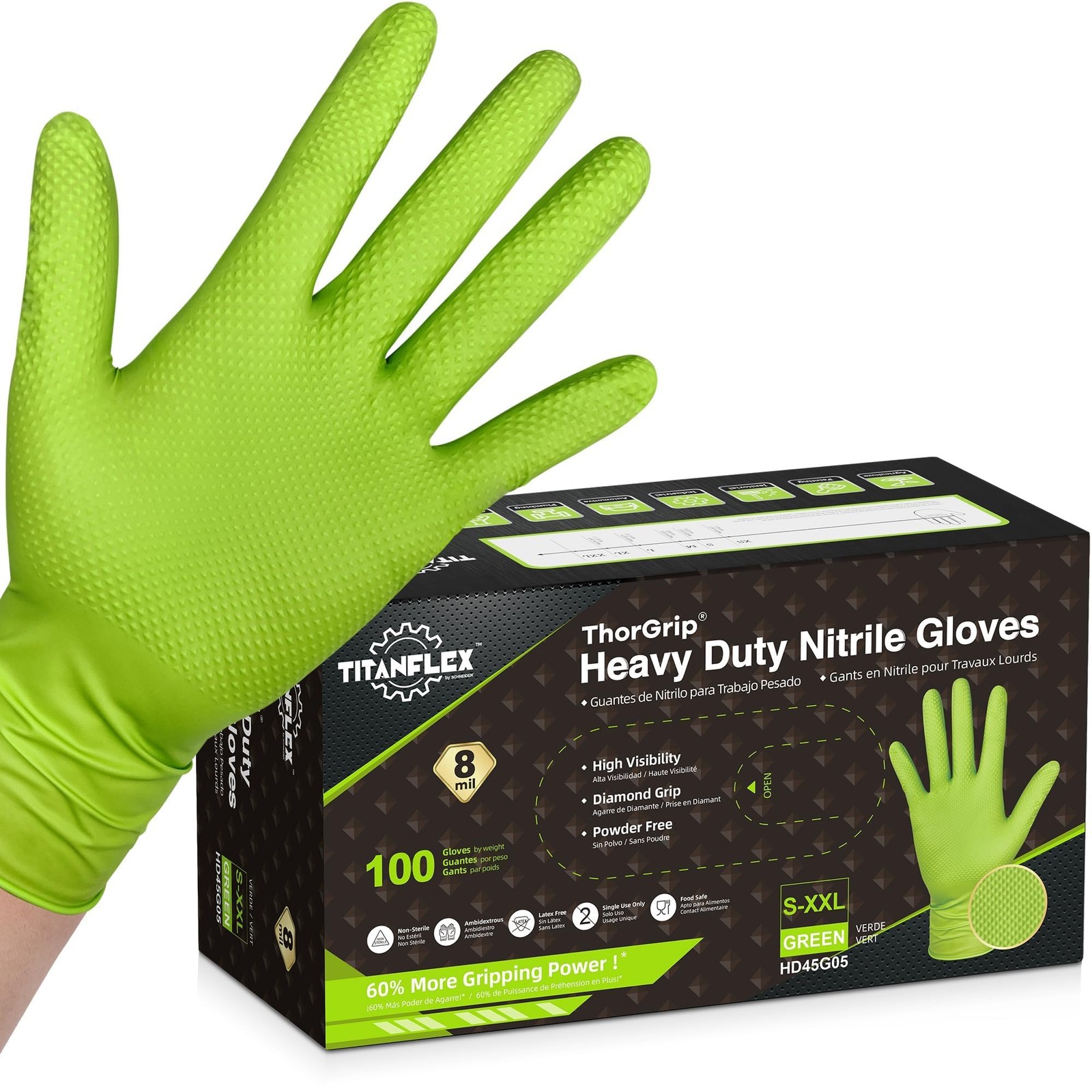 TitanFlex Heavy Duty Green Industrial Nitrile Gloves, 8mil, Medium, Box of 10…