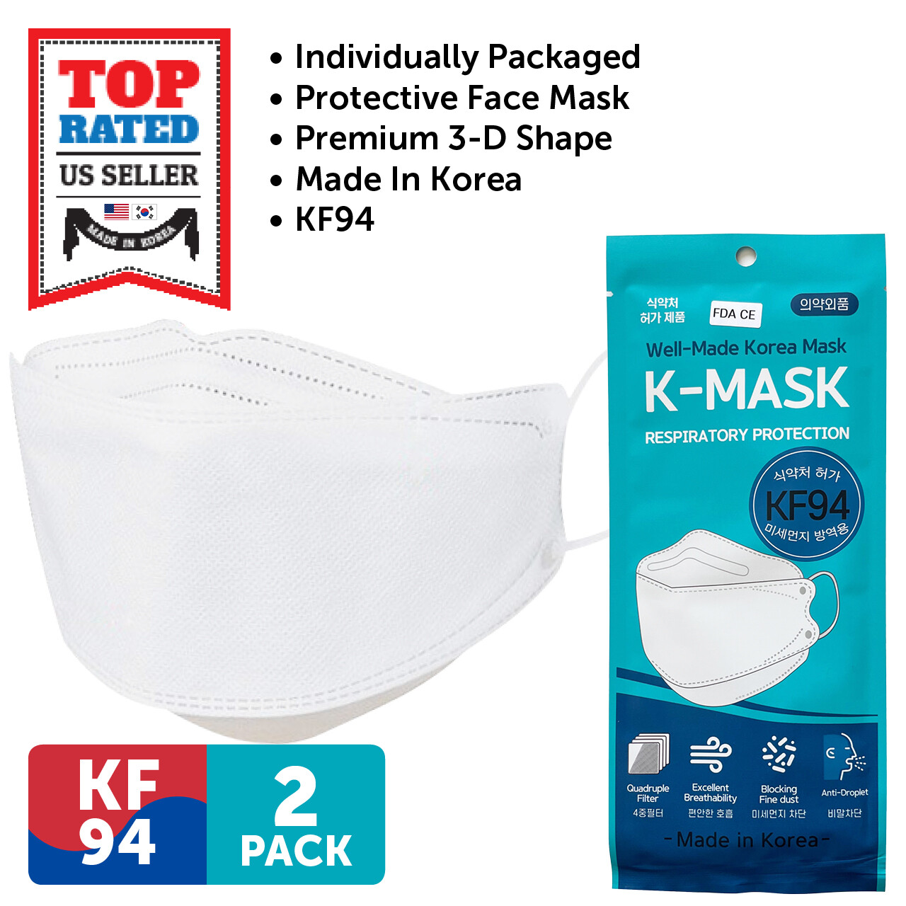 2 Pack KF94 WHITE Protective Safety Face Mask 4 Layer Adult Made in Korea