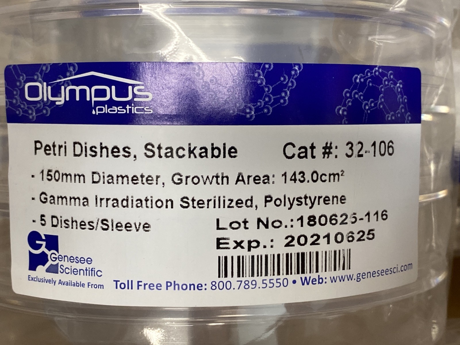 (75) GENESEE GenClone 143.0cm2 150x22mm PS Cell Culture Petri Dishes 5/Pk 32-106