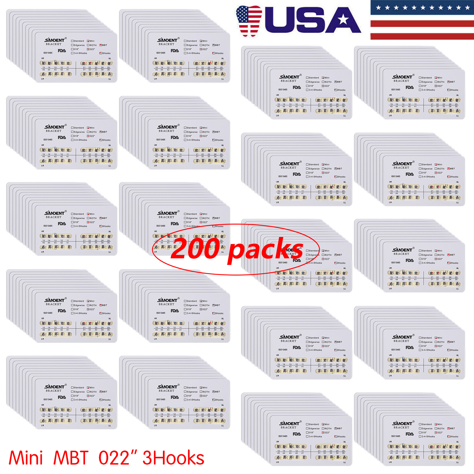 10-200 Packs SANDENT Dental Orthodontic Brackets Braces Mini MBT.022 Slot 3Hooks
