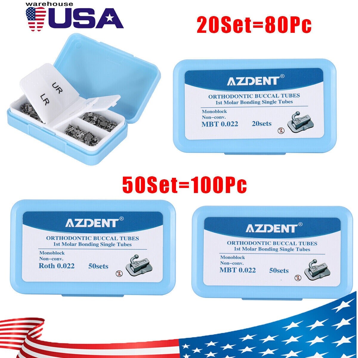 AZDENT Dental Orthodontic Buccal Tube 1st Molar Roth/MBT. 022 Non-Conv Monoblock