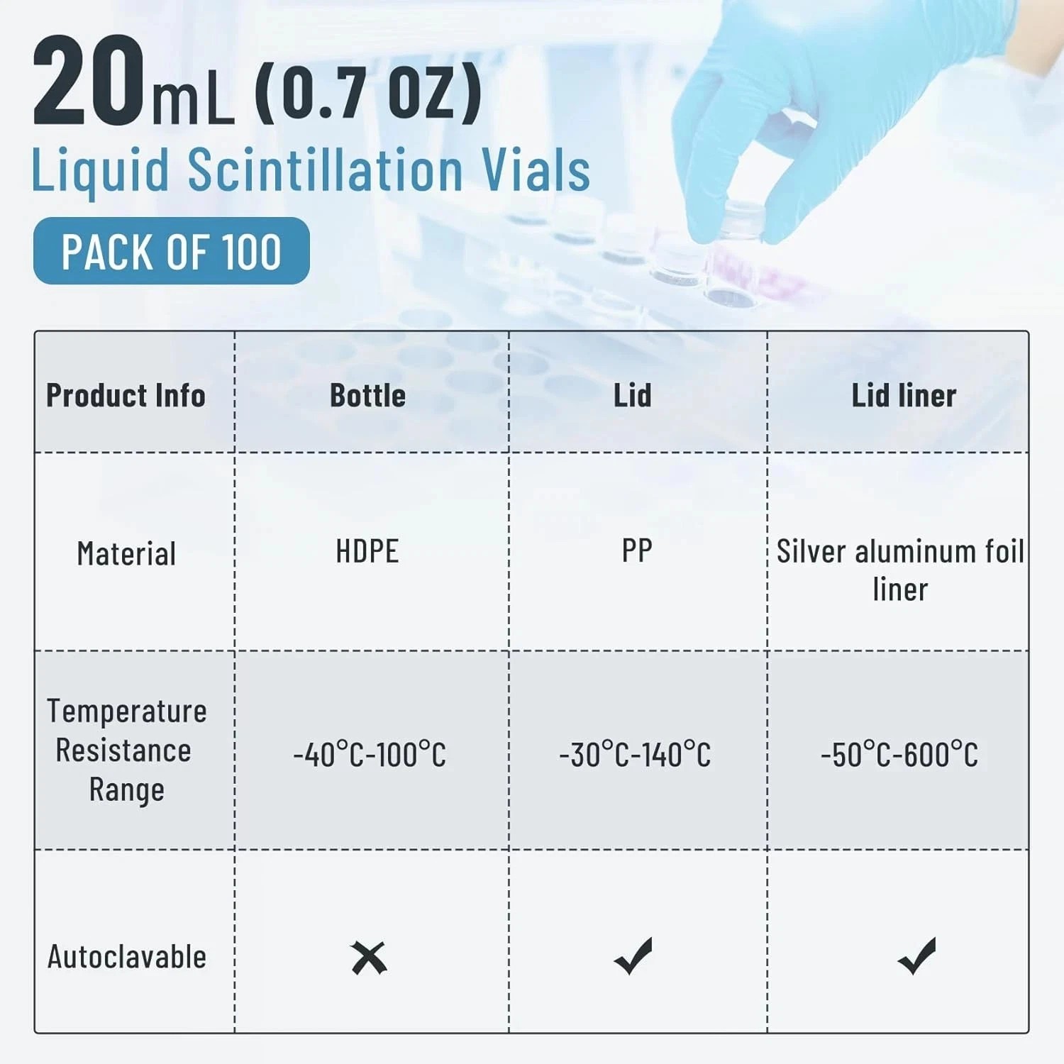 500 Pcs 20mL Scintillation Vial Liquid Counting Vials HDPE Scintillation Vials