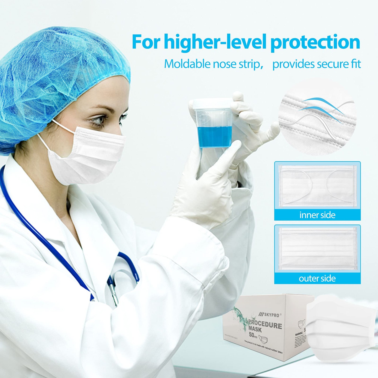 50PCS Medical Grade Procedure Masks, Adult 3 Ply Disposable Hypoallergenic Wh…