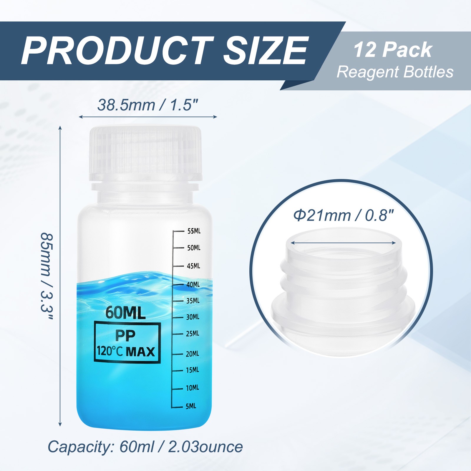 12 Pcs Plastic Sample Bottles with Screw Caps, 2 oz 60ml Reagent Bottles, Clear