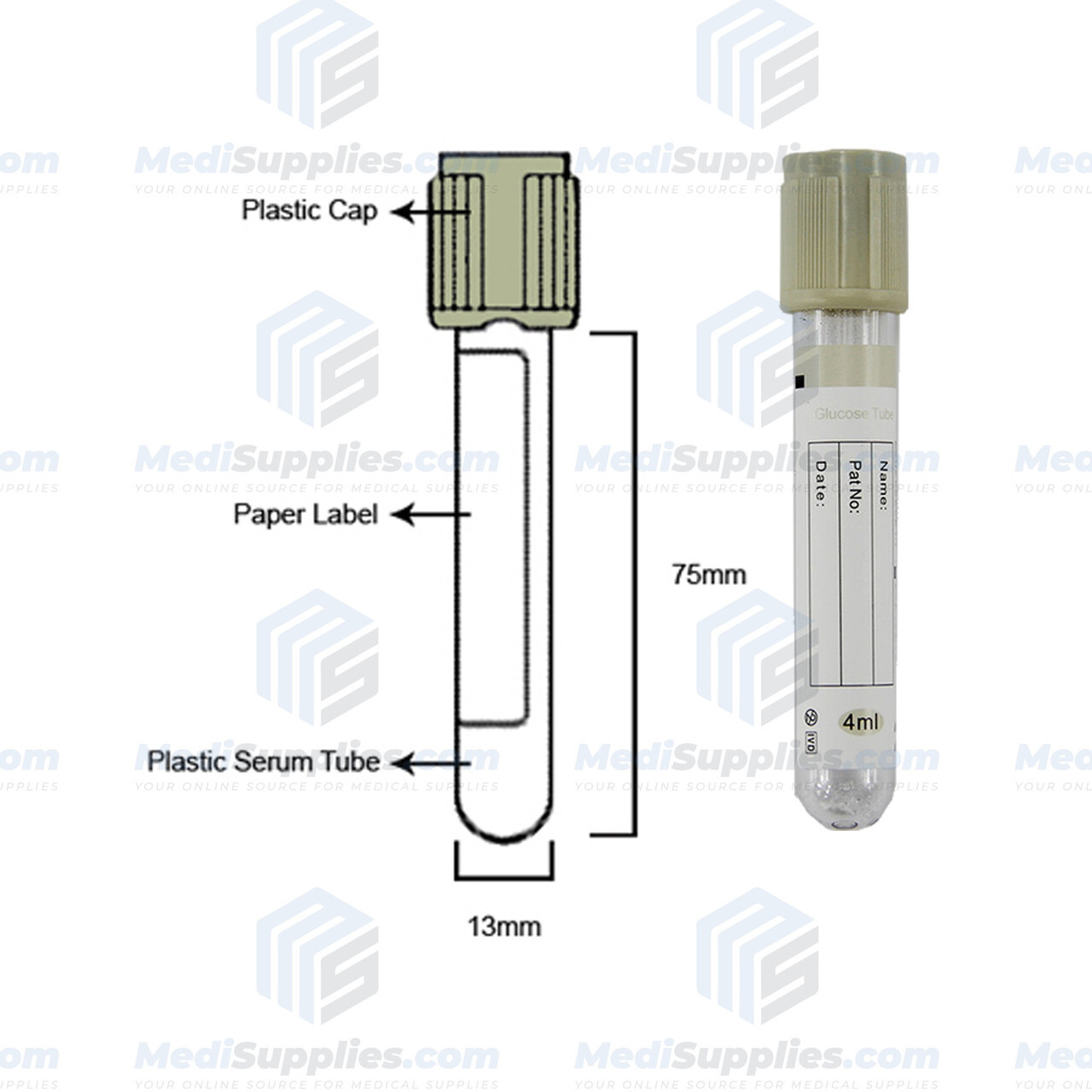 Vacuum Blood Collection Tube (Glucose Tube), 13 x 75mm, 4ml, Gray Top, Exp 02/24