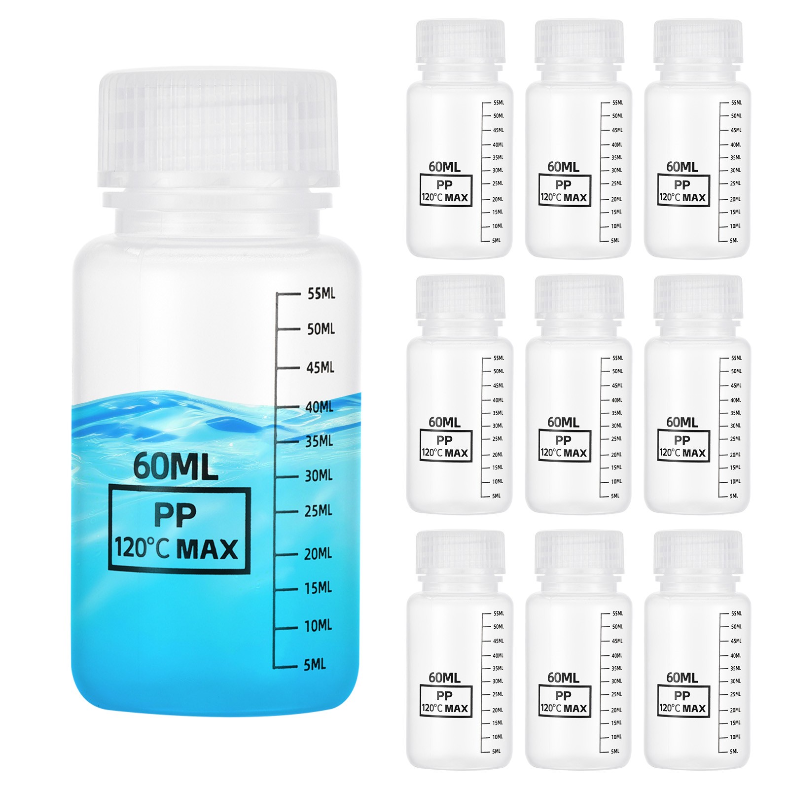 12 Pcs Plastic Sample Bottles with Screw Caps, 2 oz 60ml Reagent Bottles, Clear