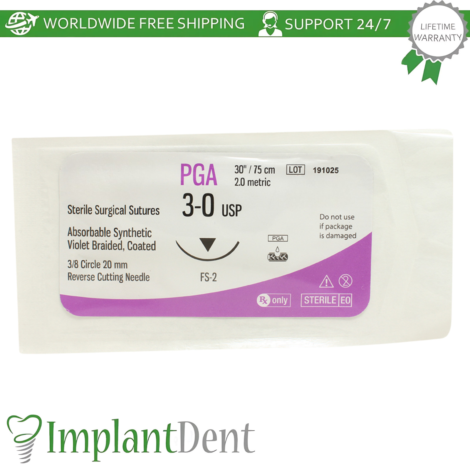 Dental Thread SteriIe Individual Packs 12pcs 75cm 3/8 Circle 20.0mm Reverse
