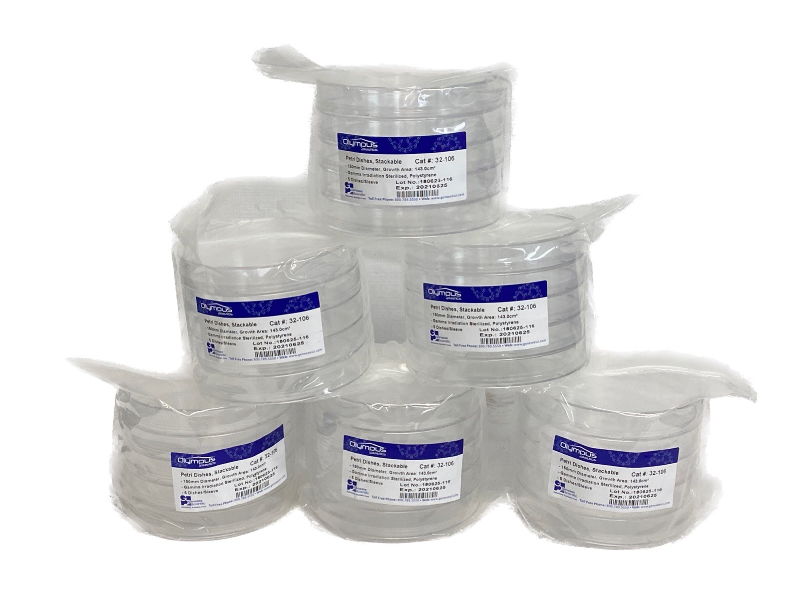 (75) GENESEE GenClone 143.0cm2 150x22mm PS Cell Culture Petri Dishes 5/Pk 32-106