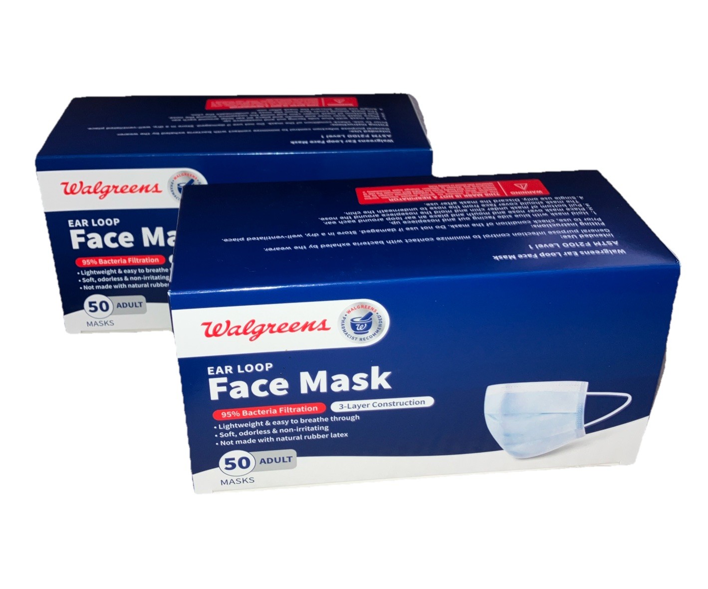 Walgreens Face Mask Ear Loops 100 Count Adult 95% Bacteria Filtration New In Box