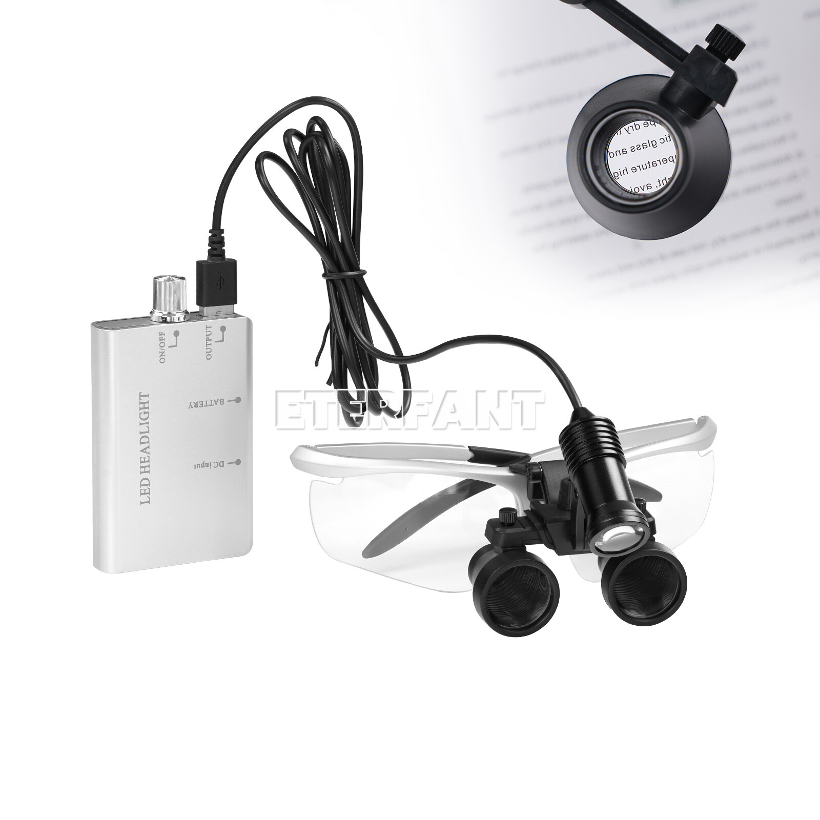ETERFANT 3.5X Dental HD Binocular Magnifier Loupes Silver+5W LED Head Light Lamp
