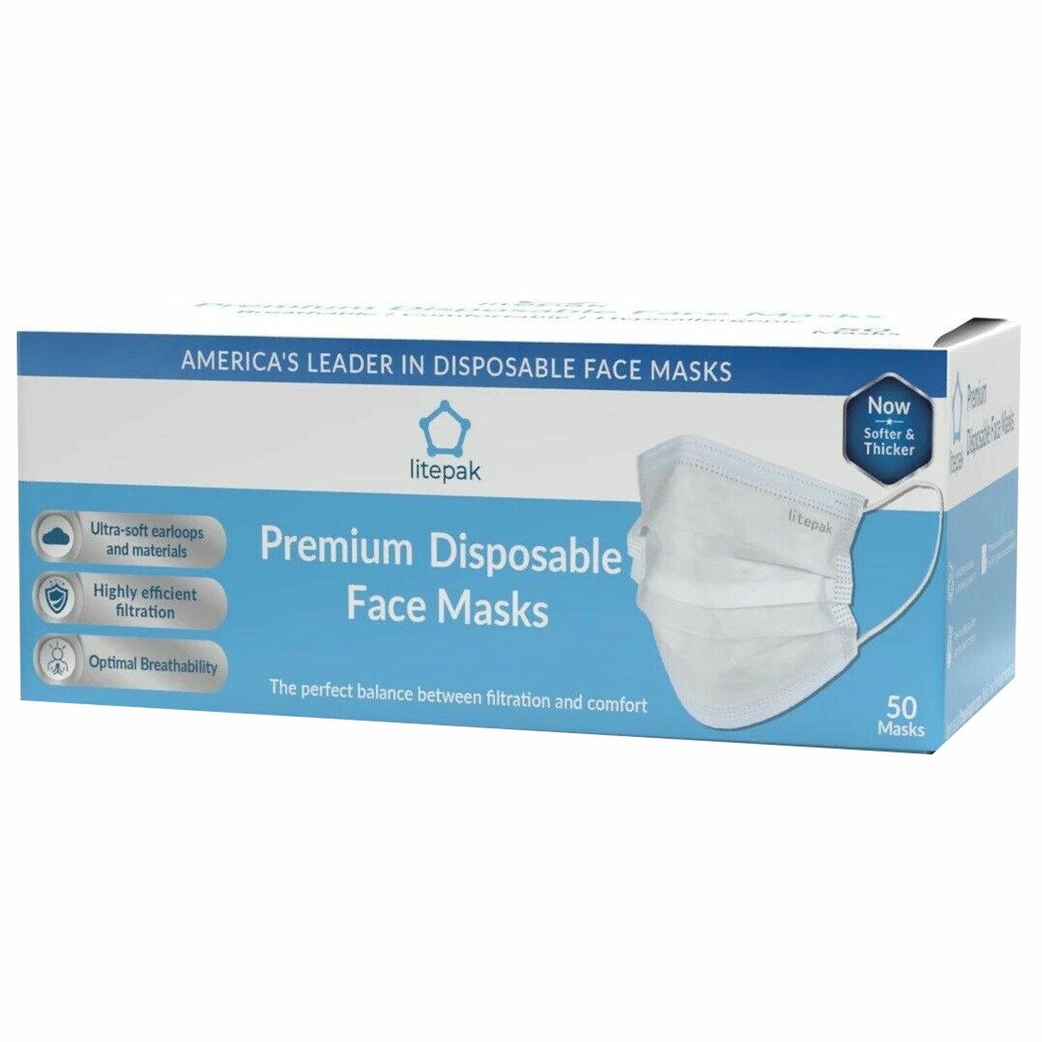 100pcs Litepak White Disposable 3 Ply Face Mask SOFT Earloop Premium Mouth Cover