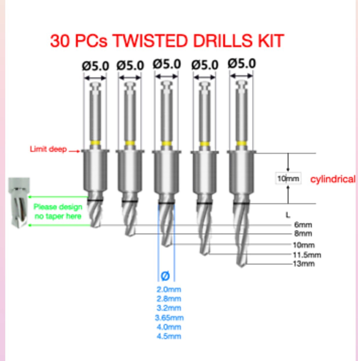 Dental 10 mm Straight Twisted Drills 30 Pcs Kit With Stopper Drills kit