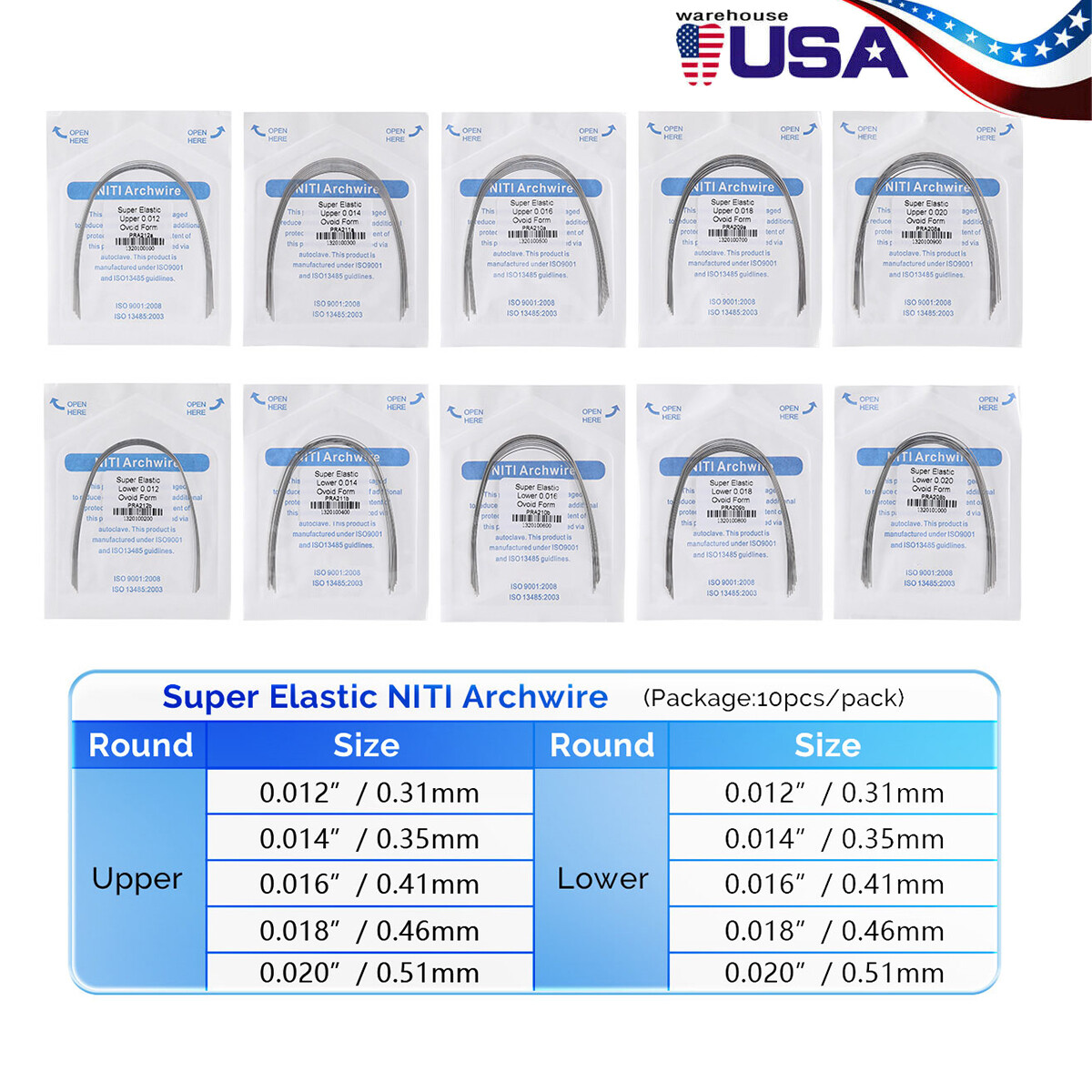 AZDENT Dental Ortho Super Elastic Niti Arch Wire Round Ovoid Form 12/14/16/18/20