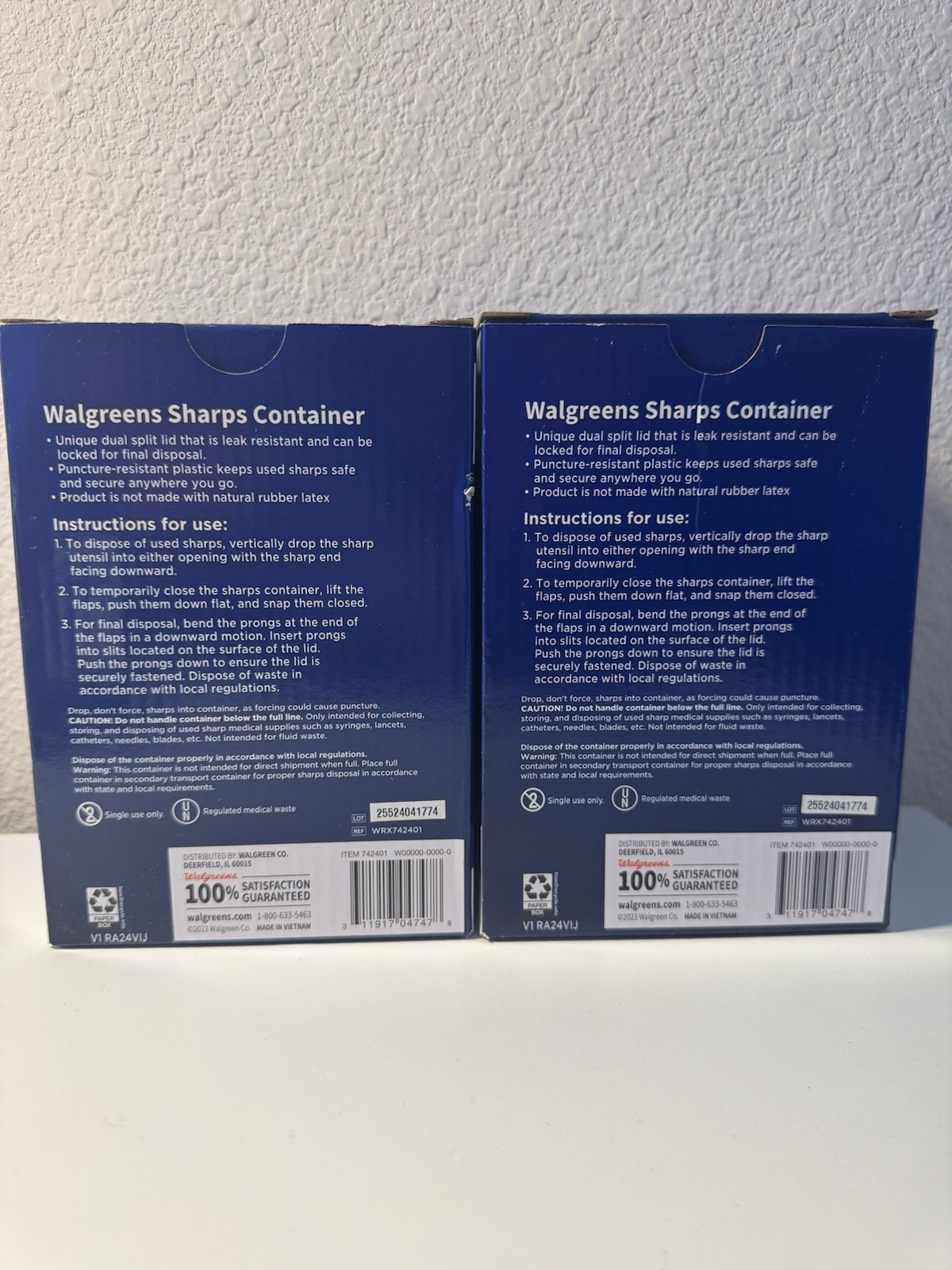 Walgreens Sharps Container Red 1 Qt Biohazard Needle Disposal x 2 pack