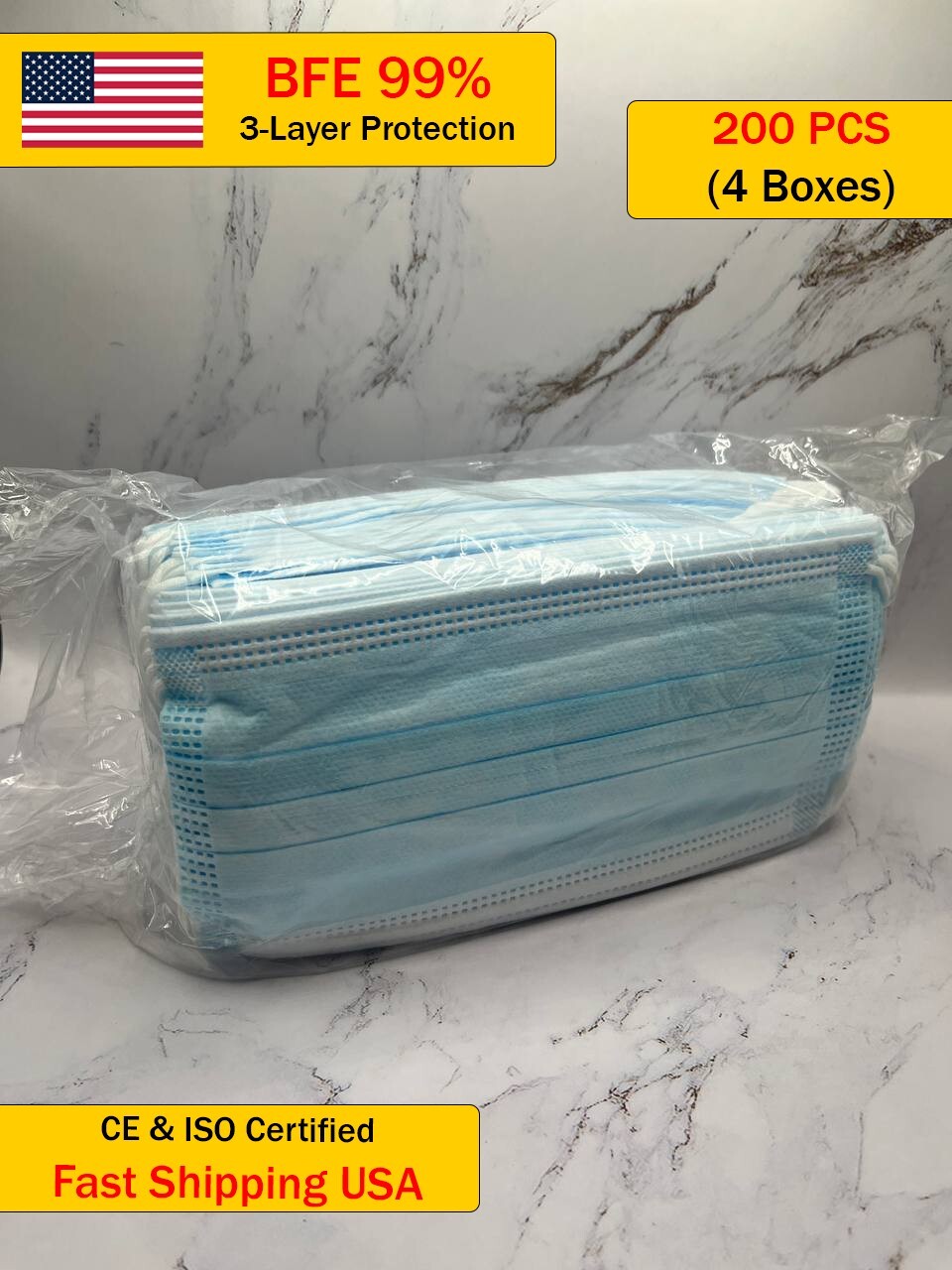 ✅ 200 PCS (4 Boxes) 3-Ply Disposable Face Masks – BFE 99% Protection | CE & ISO