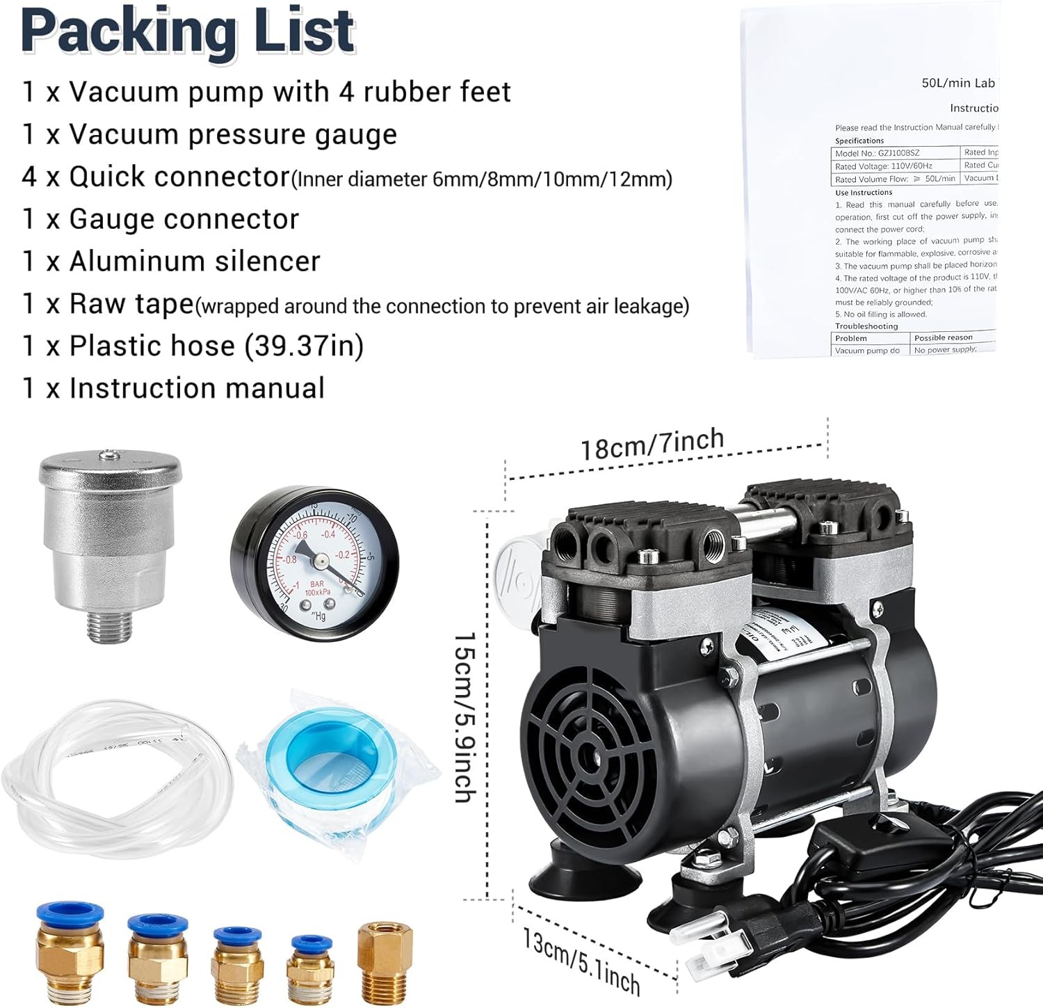 180W 50L/Min Lab Vacuum Pump 1000mL Lab Vacuum Filtration 250ml Filtering Funnel