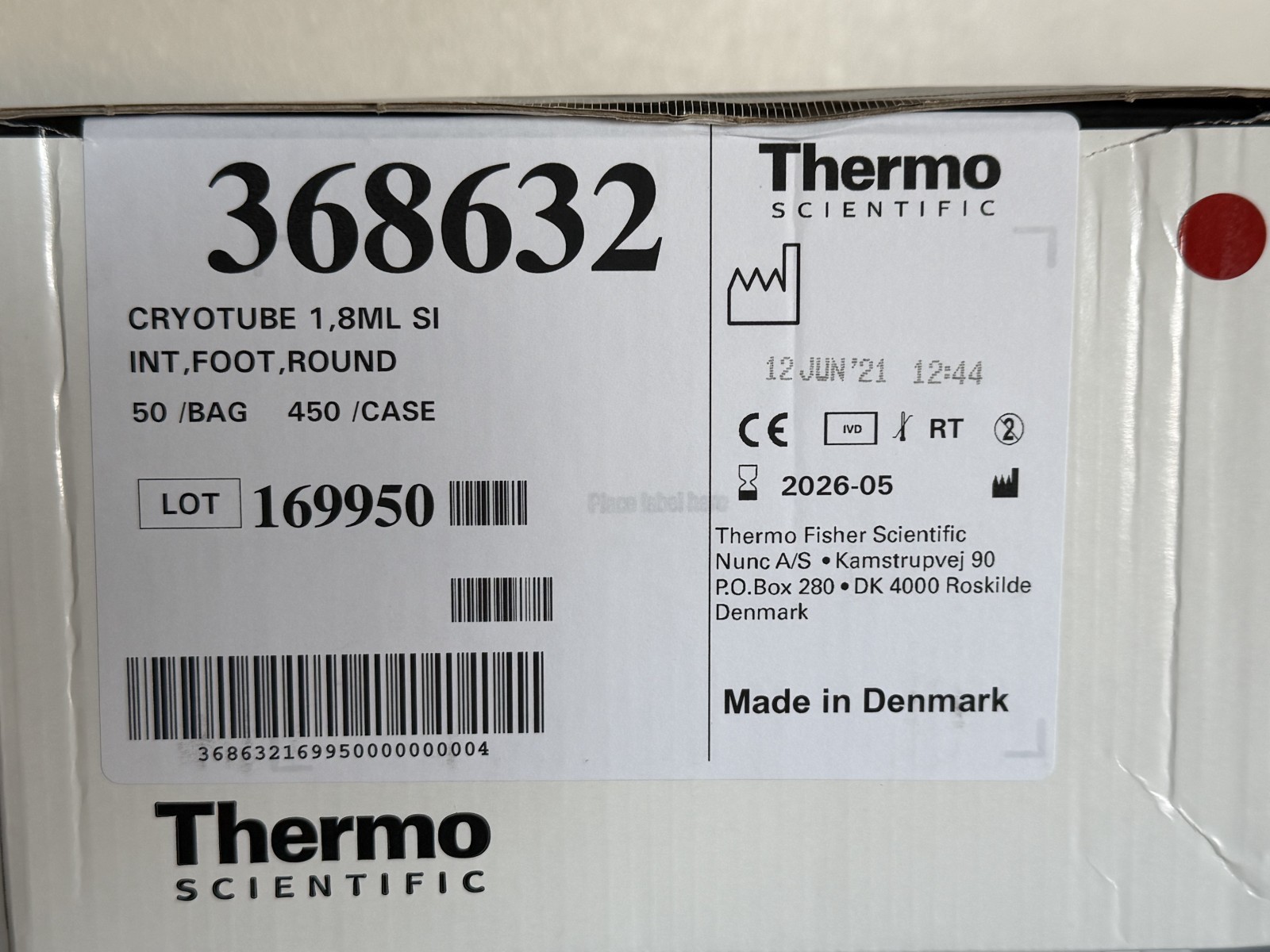 NUNC THERMO SCIENTIFIC 1.8mL Round PP Internal Cryogenic Tubes 368632 (450/Case)