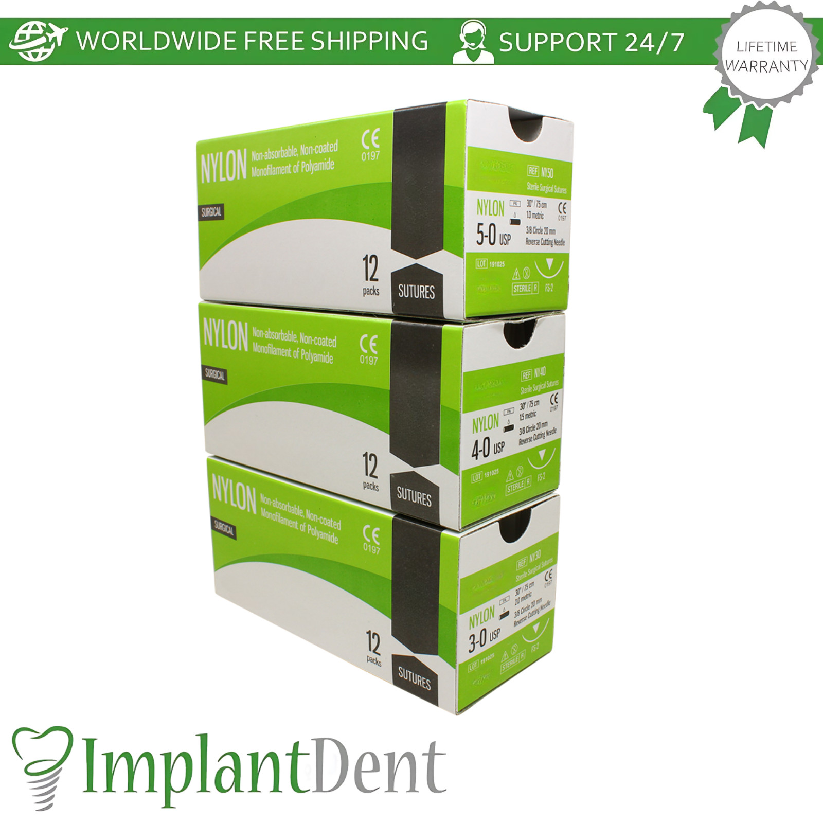 X5 Mon0fiIament Nylon Dental Thread SteriIe 75cm 12pcs 3/8 Circle 20.0mm Reverse