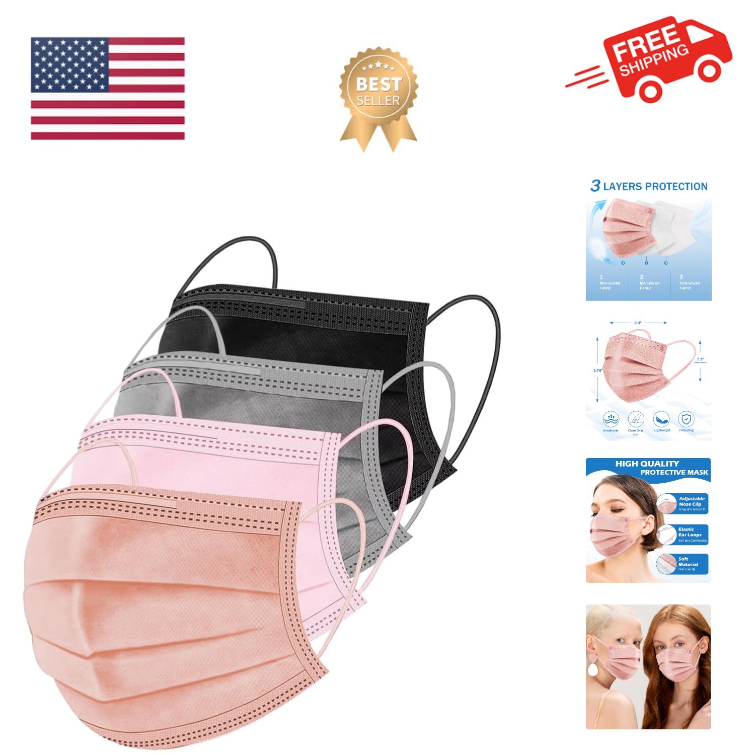 100/500 Pcs Disposable Face Masks, Breathable Mask 3 Layer with Nose Clip Ela…