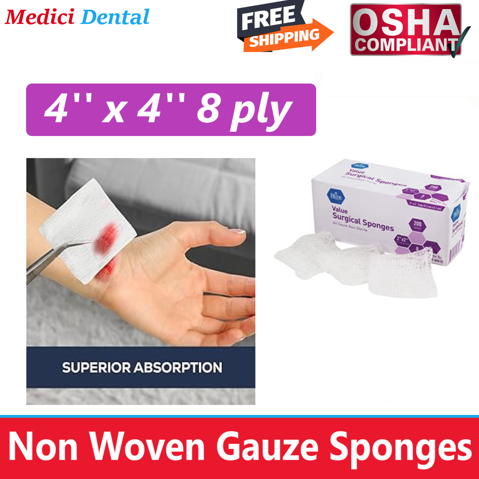 4×4 Non Woven Sponges 8-Ply, Non-Sterile Cotton Dental Surgical Gauze (200 Pack)