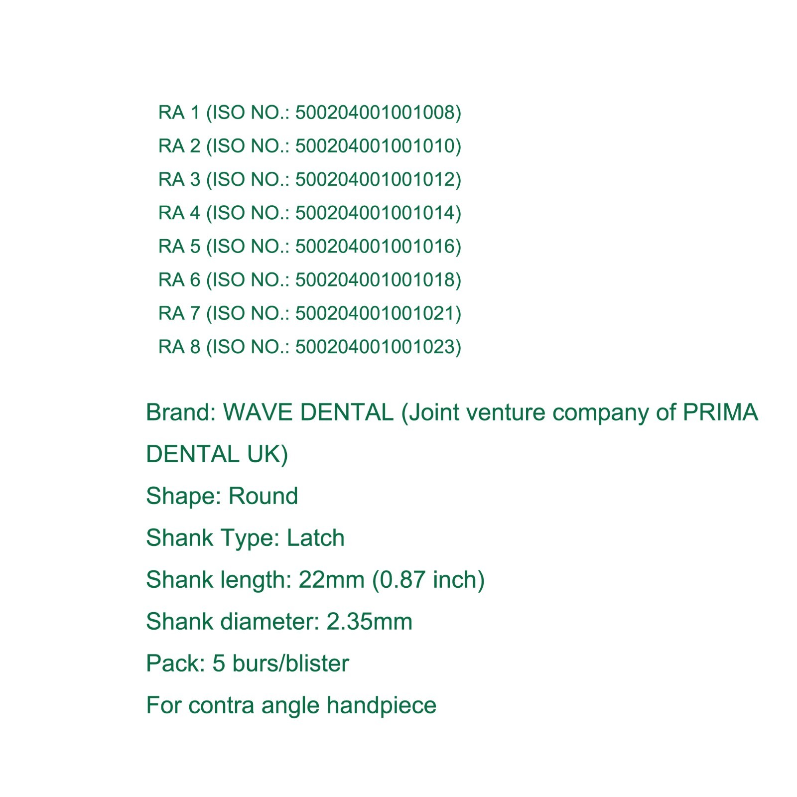 Wave Dental Tungsten Carbide Burs Round Latch RA 1 2 3 4 5 6 7 8 Low Speed Prima