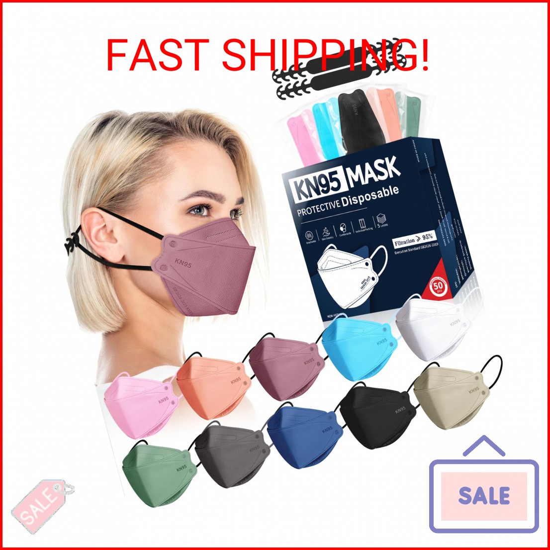 FENFEN KN95 Face Masks Disposable Adults – 50 Pack 5 Layer Protection Dust Breat